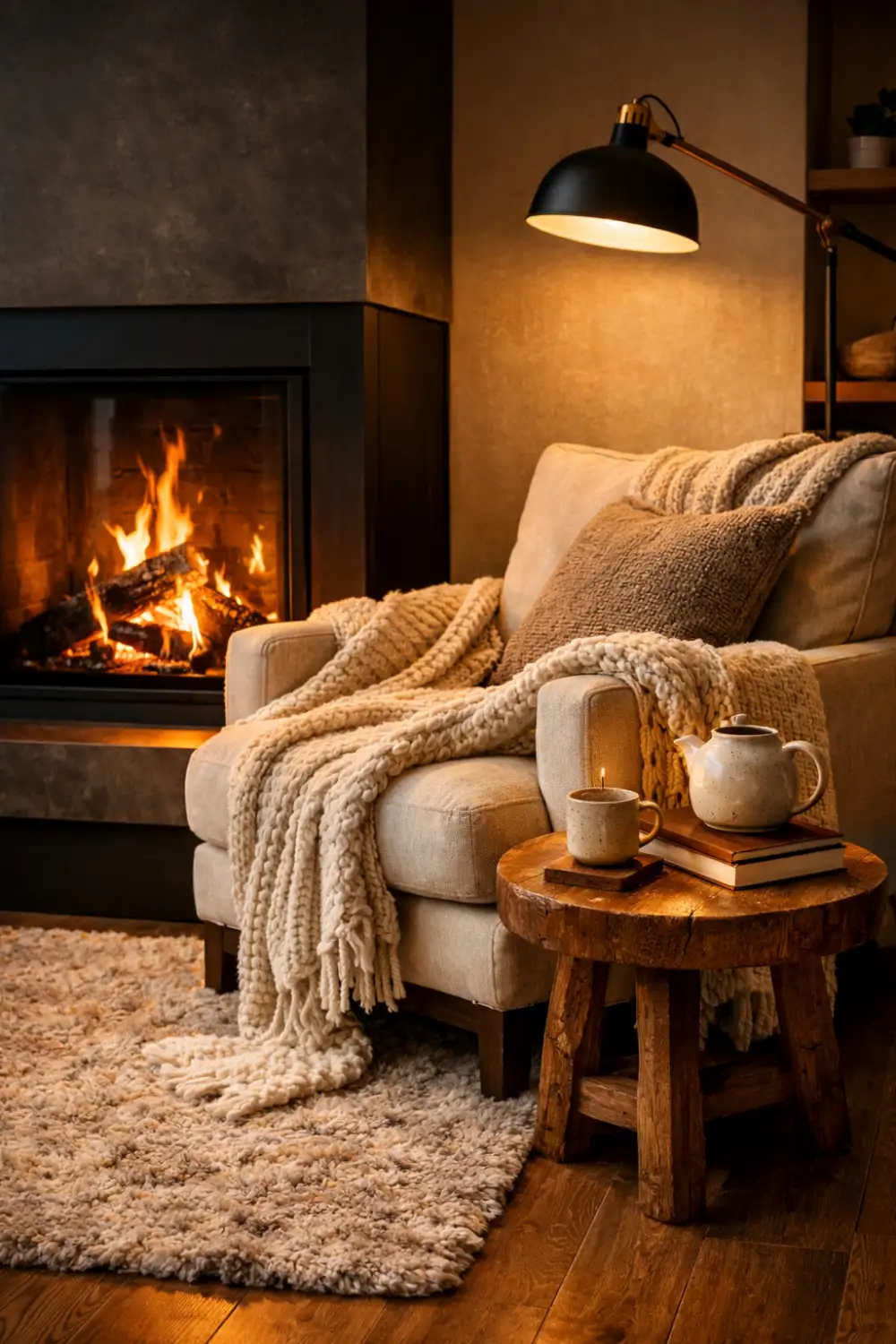fireplace reading nook with armchair throw blanket side table cozy winter reading corner