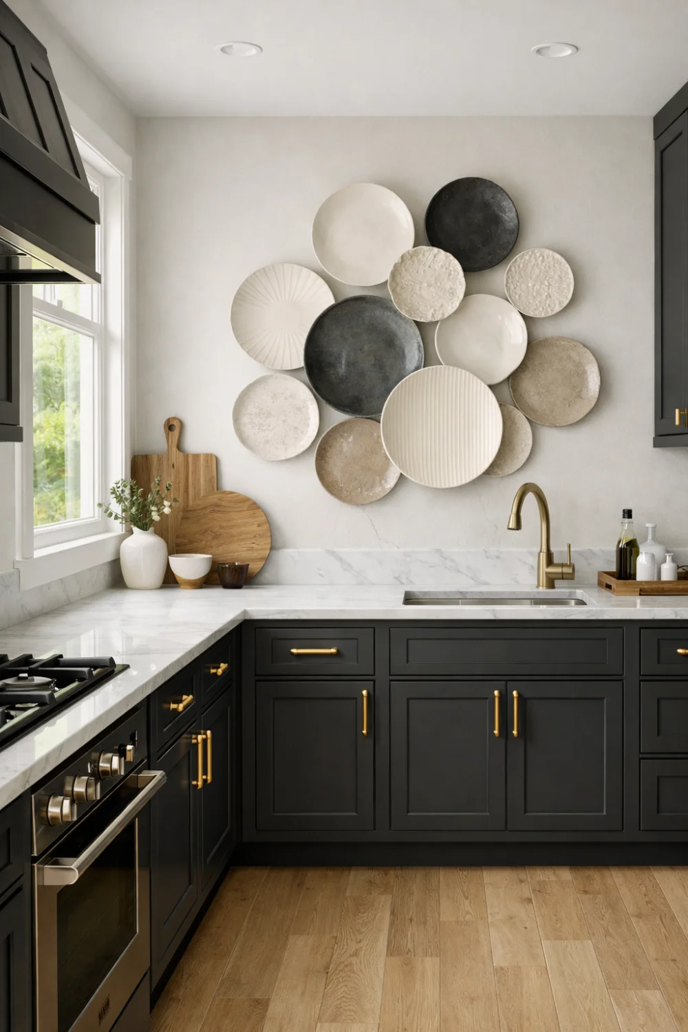 Modern cottage kitchen with decorative plate wall, black cabinets, marble countertops, and brass fixtures.