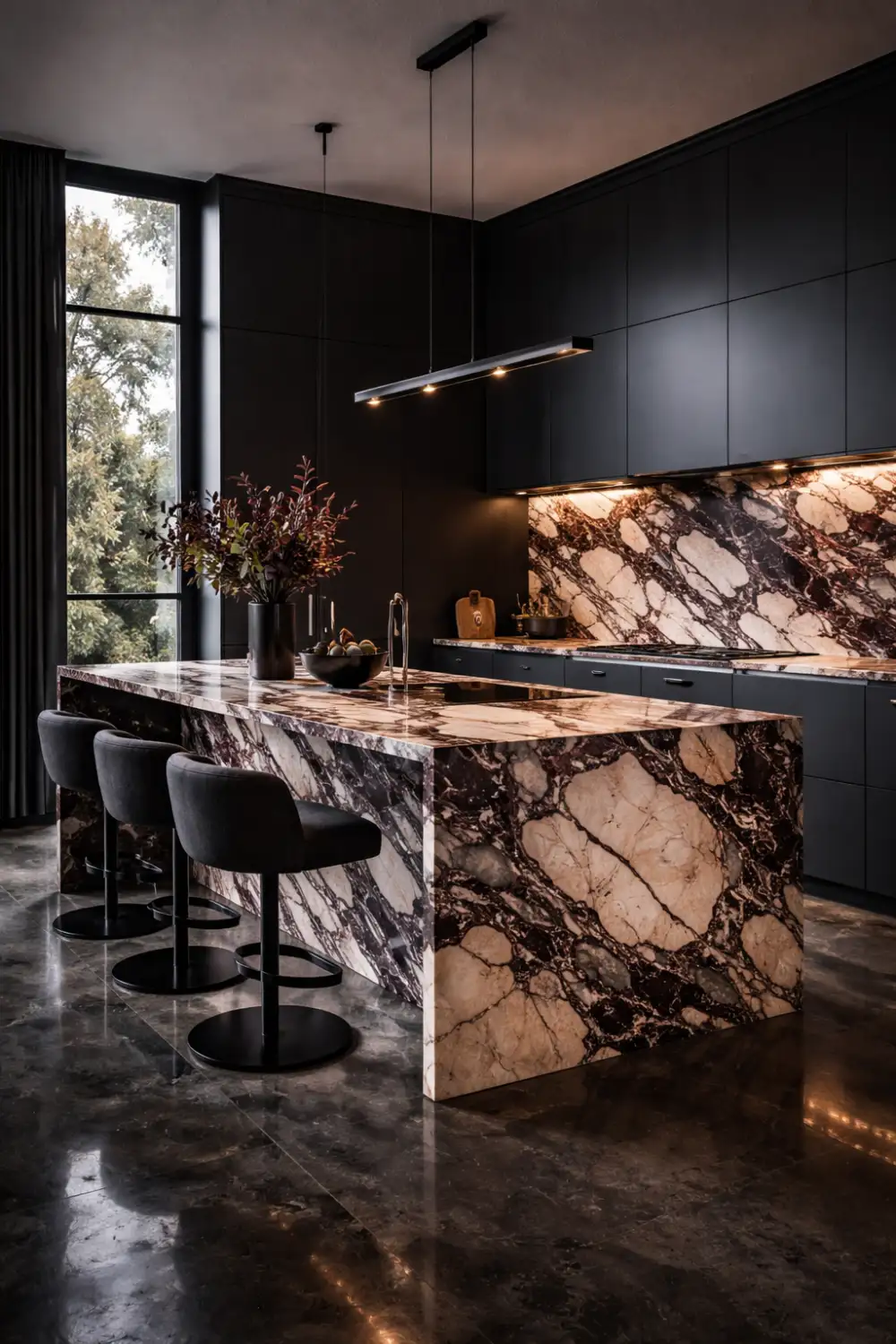 dark cabinet kitchen with Viola marble island and backsplash, modern lighting, luxury interior, and dramatic design