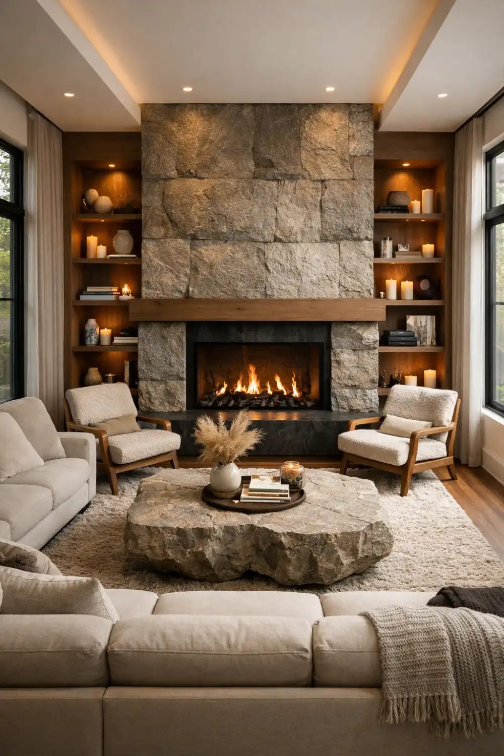 cozy fireplace living room modern stone wall warm interior decor ideas