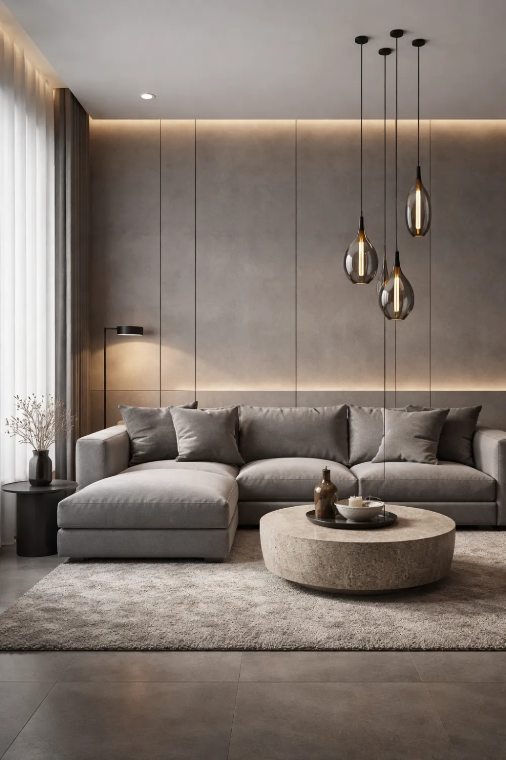 Modern small living room with ambient LED lighting, gray sectional sofa, stone coffee table, and pendant lights creating a warm luxury living room design.