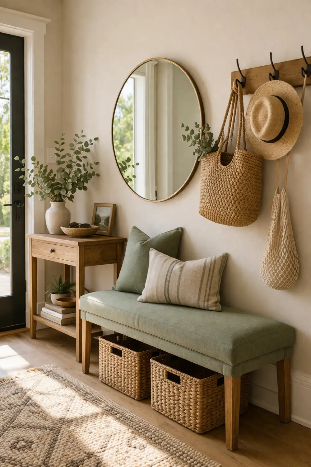 sage green entryway bench decor woven baskets wooden console neutral entryway interior calm home organization inspiration