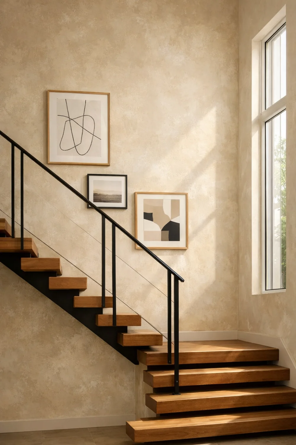 Modern staircase limewash wall with wooden stairs, black railing, framed wall art, and textured modern interior wall design
