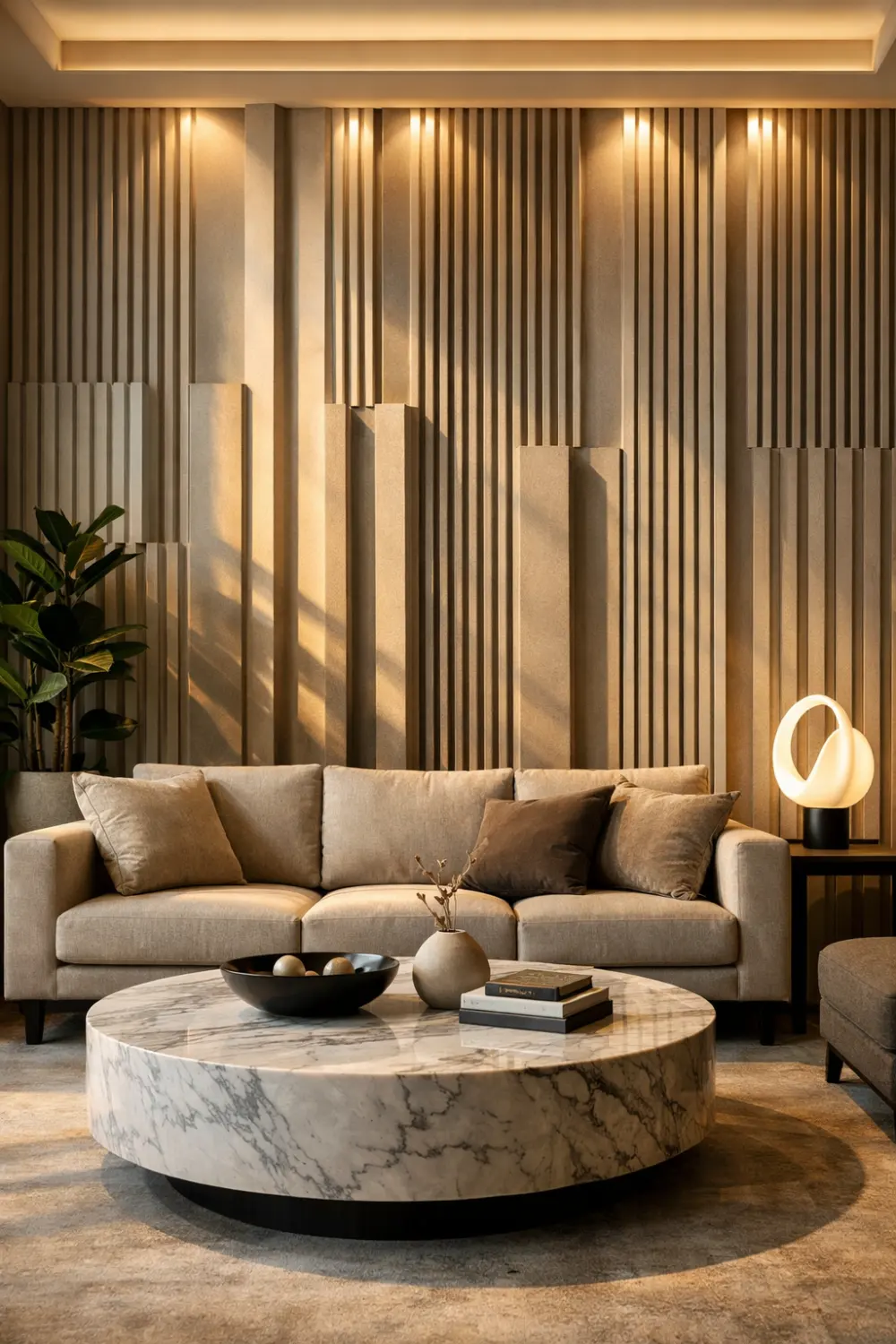 3D fluted wall panel design with textured modern living room feature wall