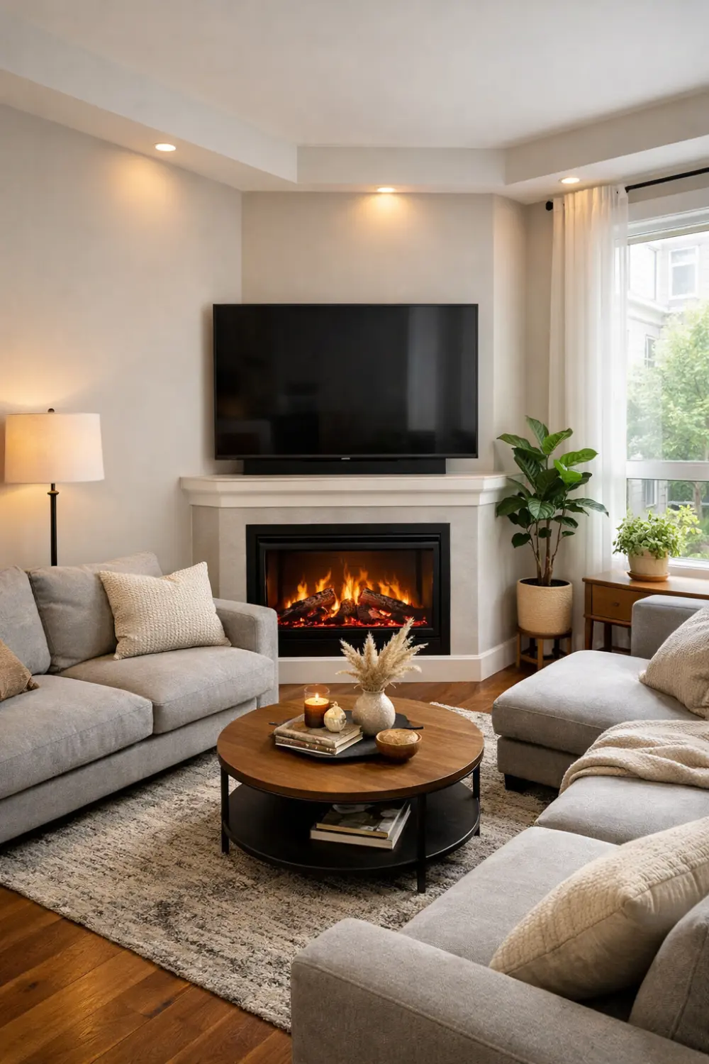 Corner electric fireplace with TV above in cozy living room with neutral furniture and warm lighting.