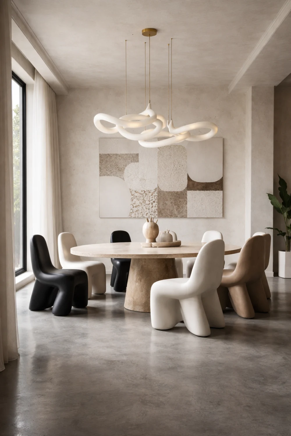 neutral sculptural dining room with stone pedestal table curved chairs abstract art and modern sculptural chandelier