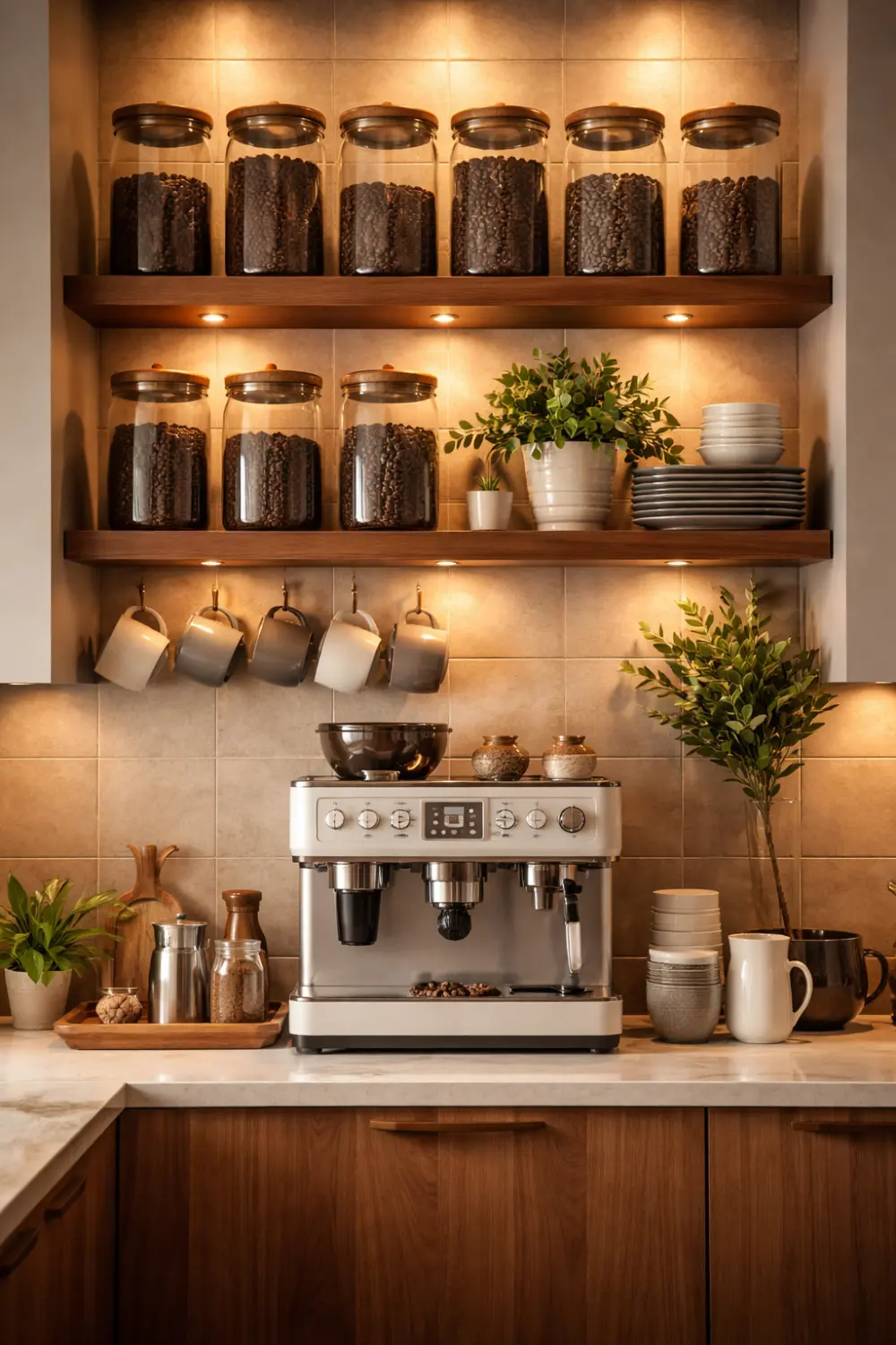 coffee bar with open shelves coffee bean jars hanging mugs stylish kitchen coffee station decor