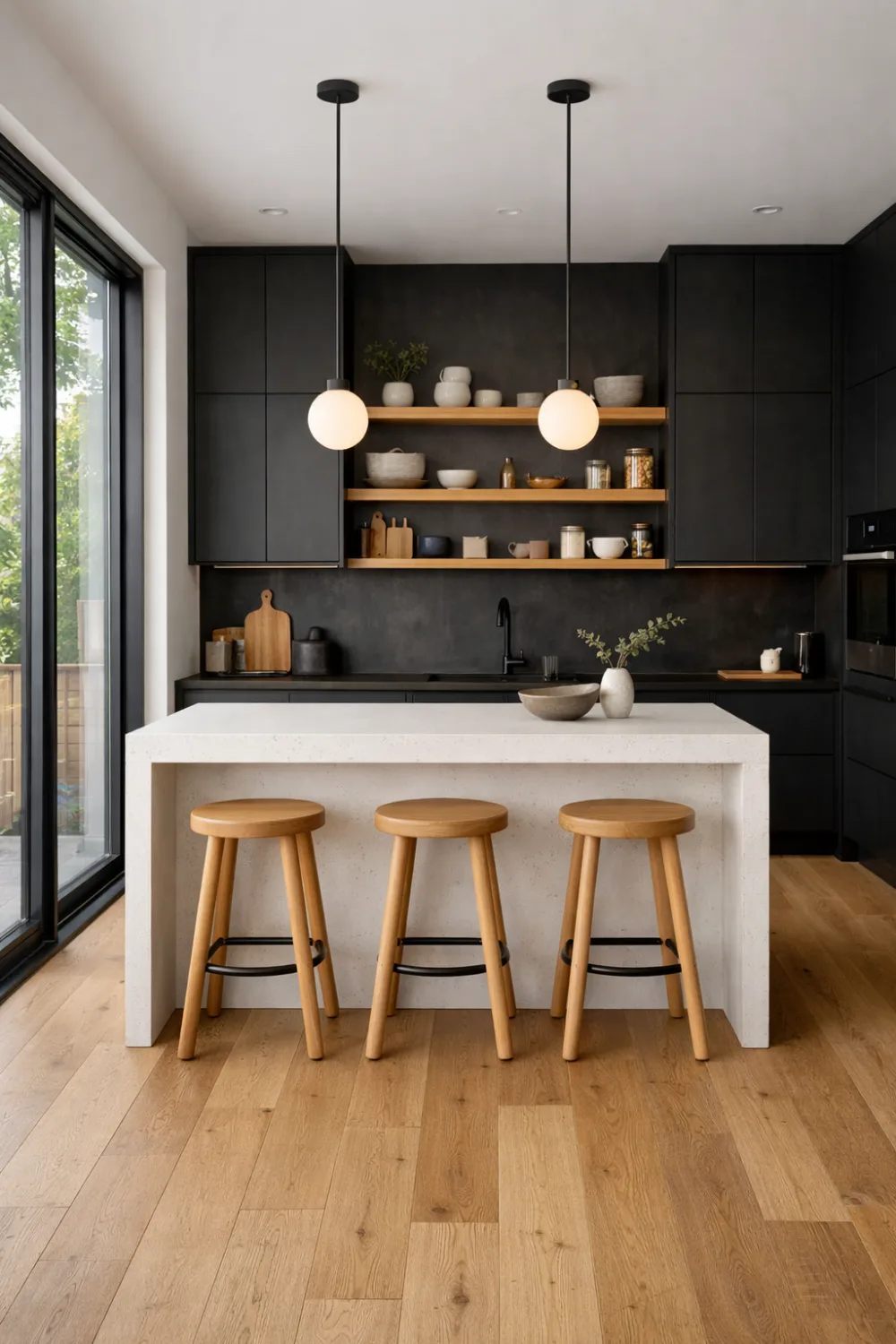 Scandinavian dark kitchen with black cabinets, wooden shelves, light stone island, and modern minimalist design.