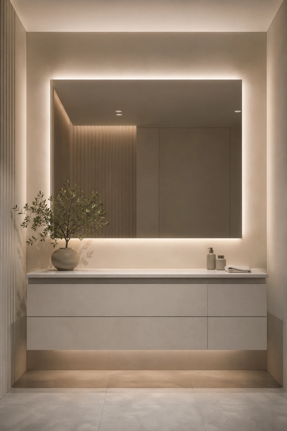 Frameless bathroom mirror with hidden perimeter lighting creating a seamless modern glow and minimalist design