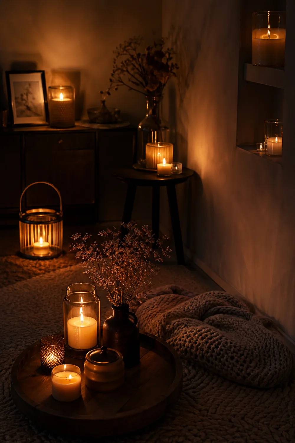 candle corner with warm glow multiple candles soft lighting cozy atmosphere dim room aesthetic hygge decor relaxing space