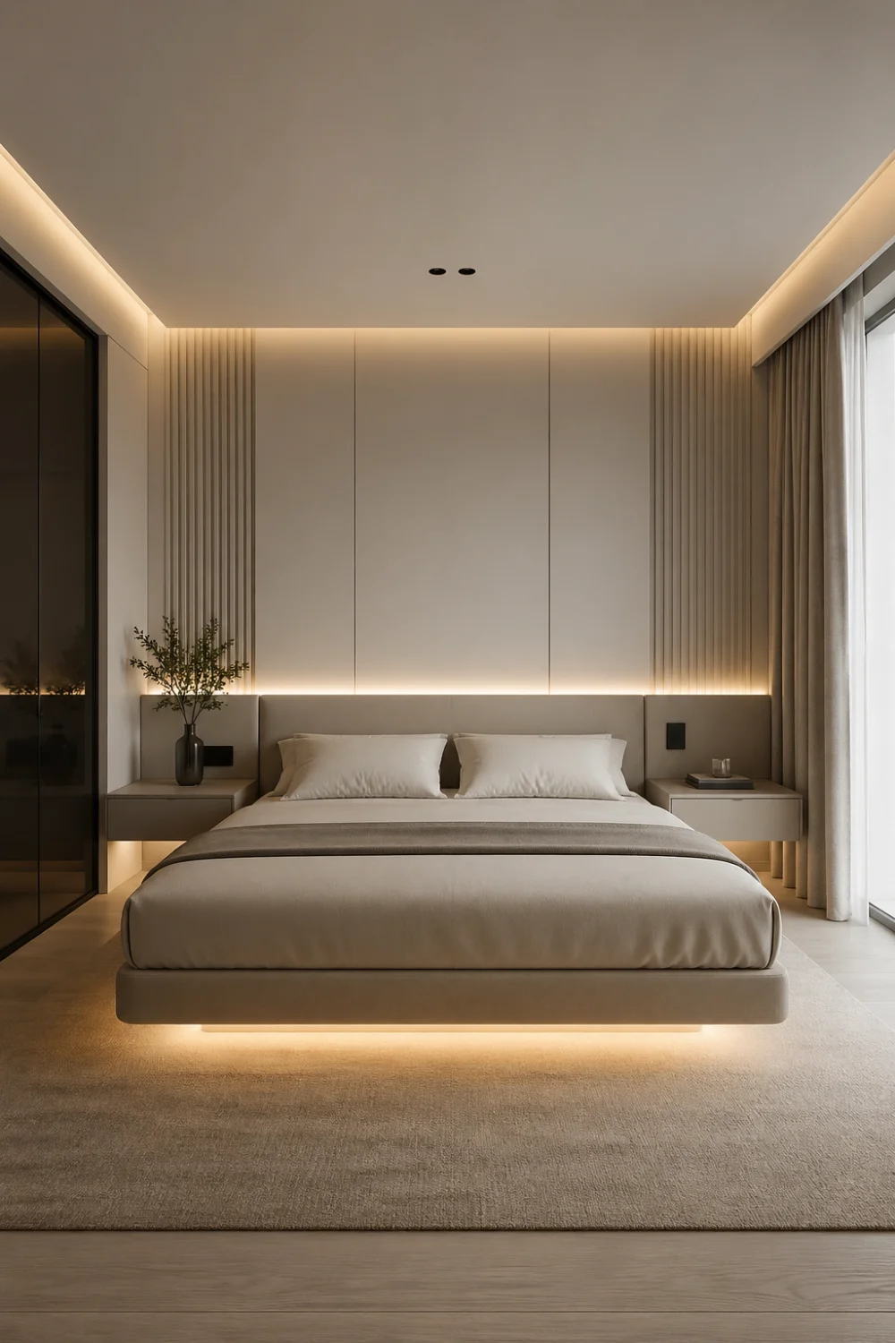 floating bed bedroom aesthetic with soft LED underlighting, minimal luxury design, neutral tones, modern clean bedroom decor, cozy aesthetic room inspiration