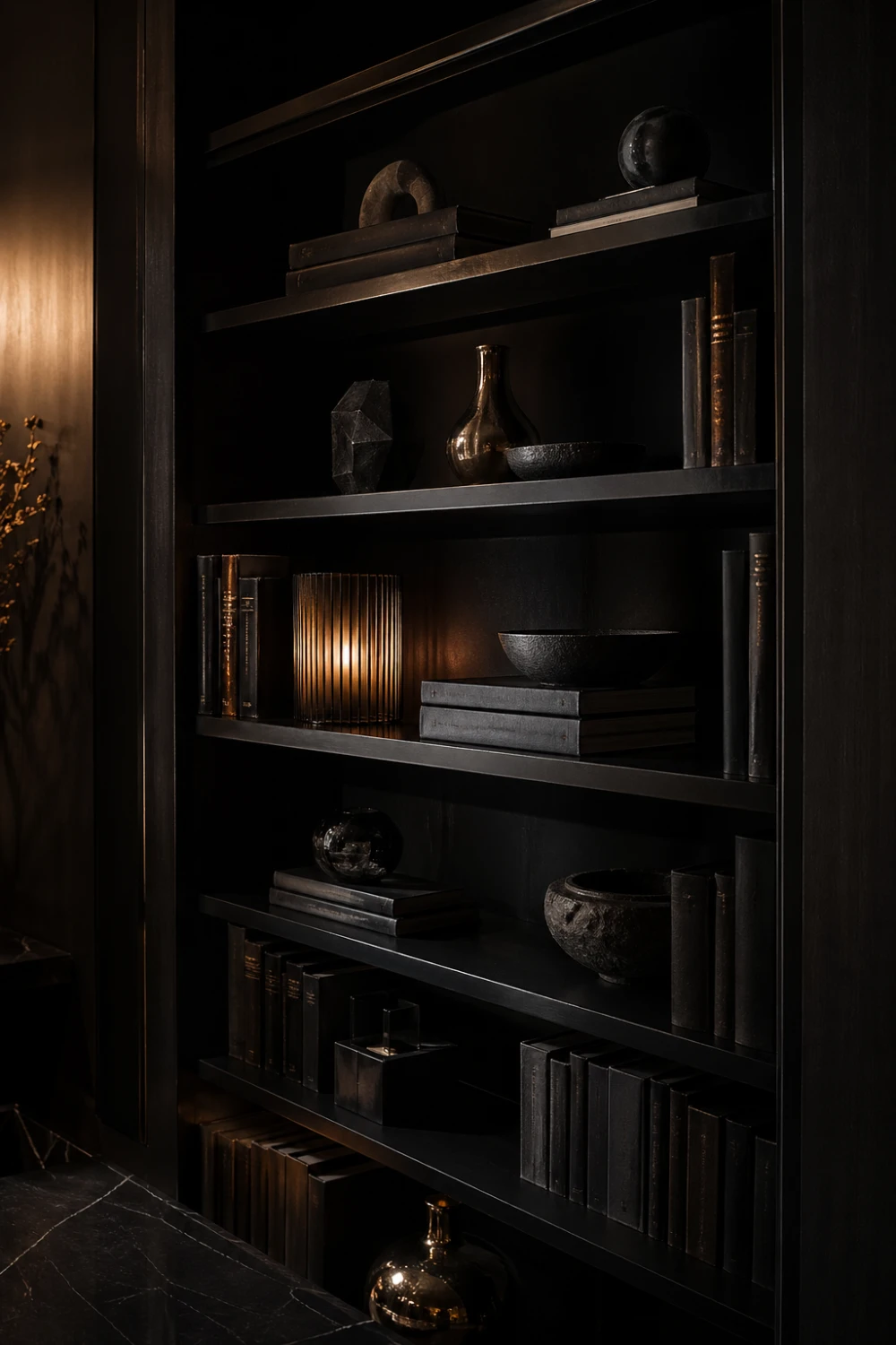dark moody bookshelf with black shelves, low warm lighting, deep shadows, metallic decor accents, cinematic shelf styling, luxury modern dark interior bookshelf design