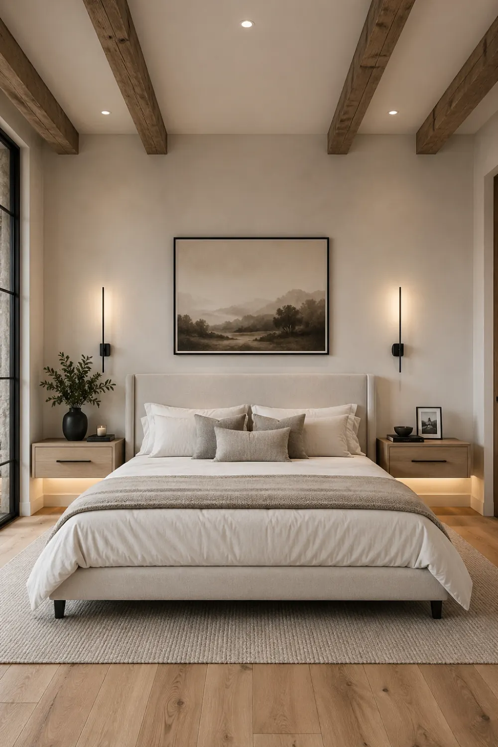 modern farmhouse bedroom with symmetrical layout, matching nightstands, wall sconces lighting, neutral bedding, wooden beams ceiling, framed artwork, soft lighting under nightstands, clean balanced design