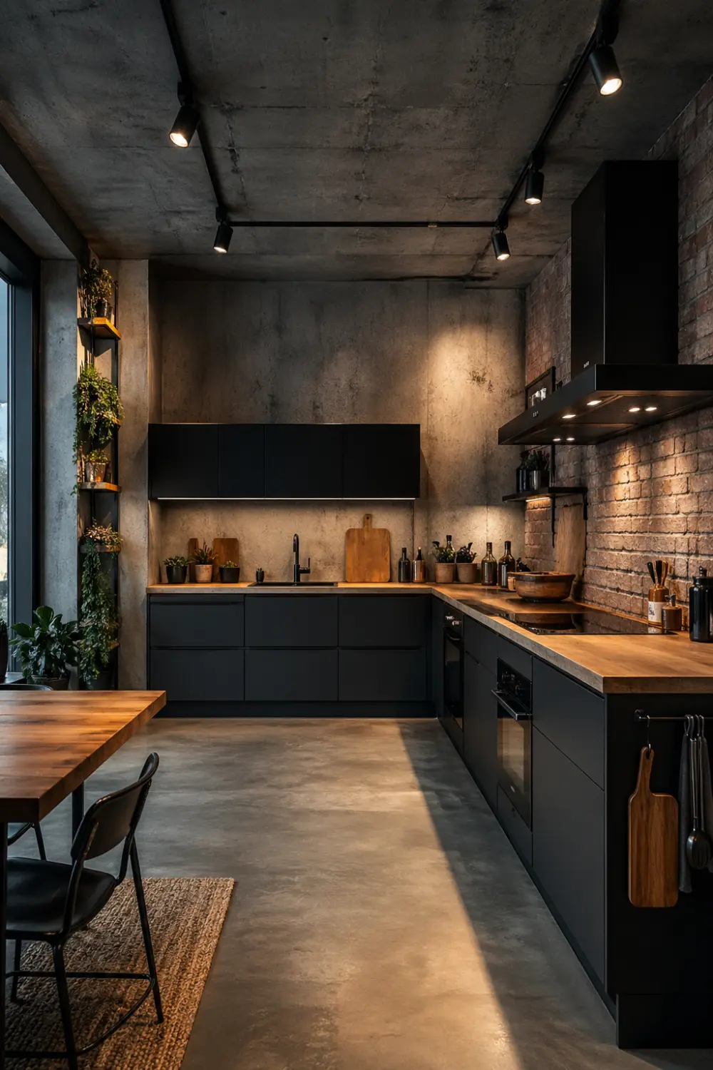 industrial style kitchen with black track lighting on concrete ceiling, adjustable spotlights illuminating countertops, wooden accents and brick wall, modern urban kitchen lighting design