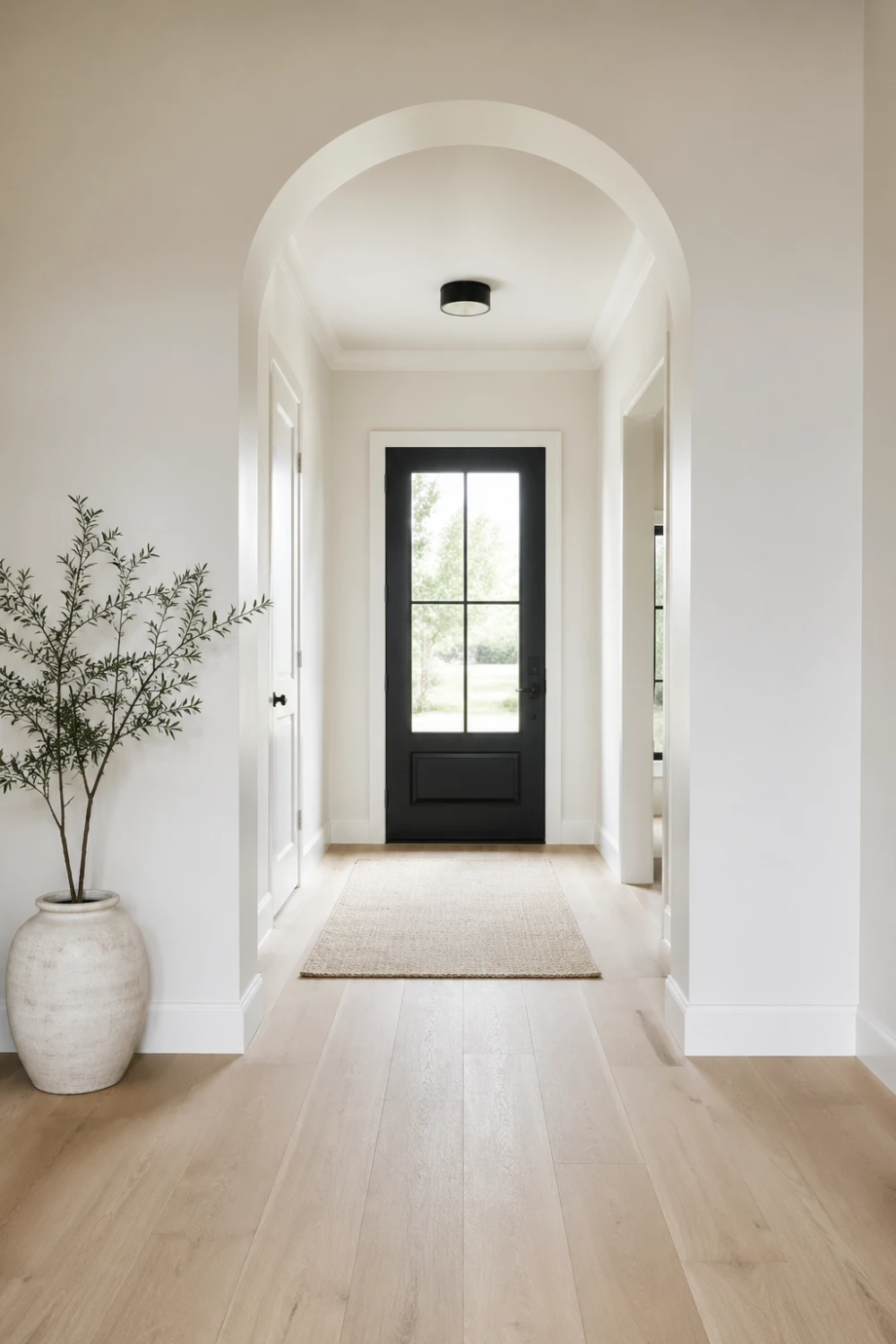 small entrance hall with light neutral color palette, white walls, bright natural lighting, minimal decor, airy hallway design, modern small space entryway styling