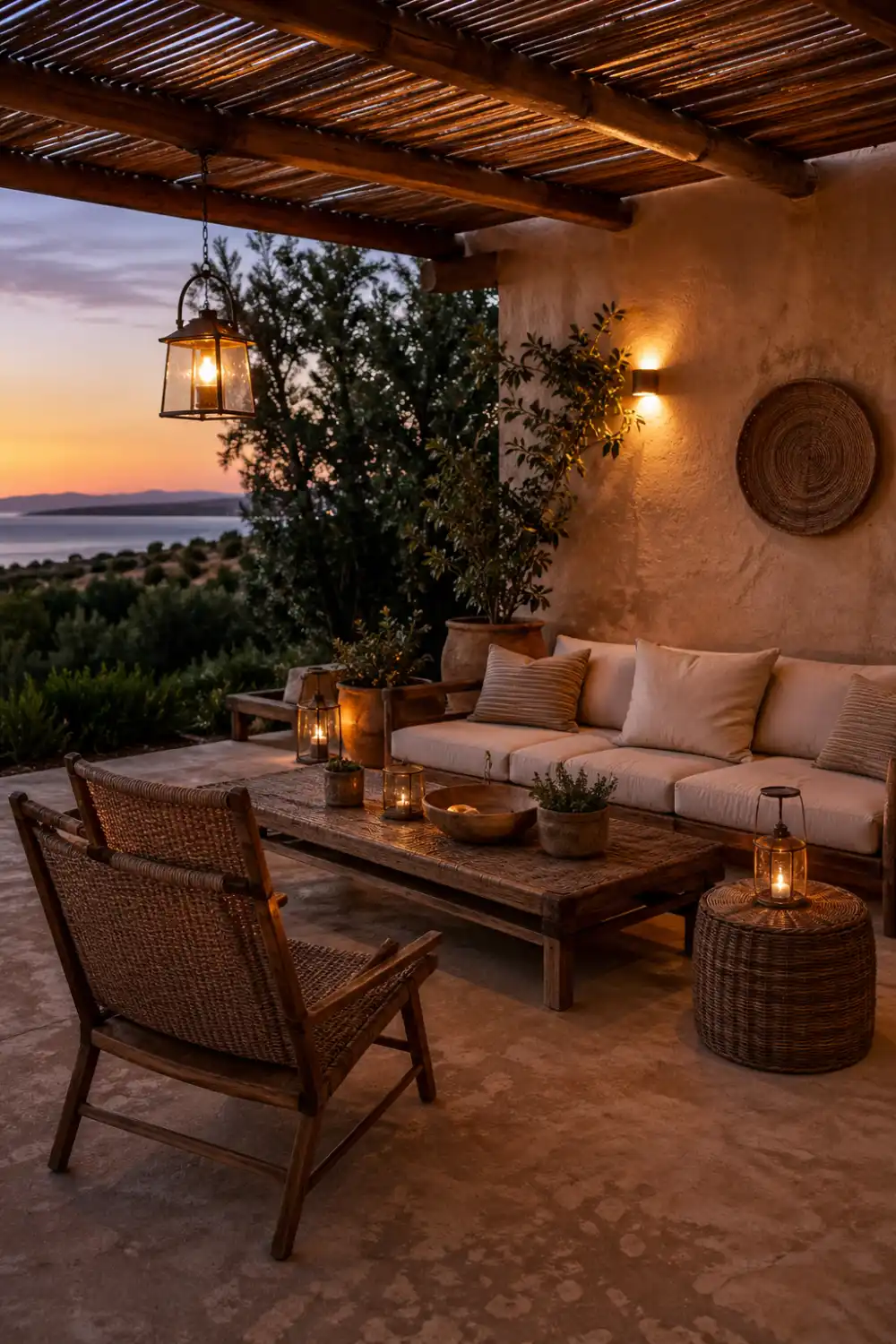 rustic patio lounge with wooden furniture, woven chairs, neutral cushions, lantern lighting, warm tones, textured concrete floor, cozy outdoor seating area with sunset view