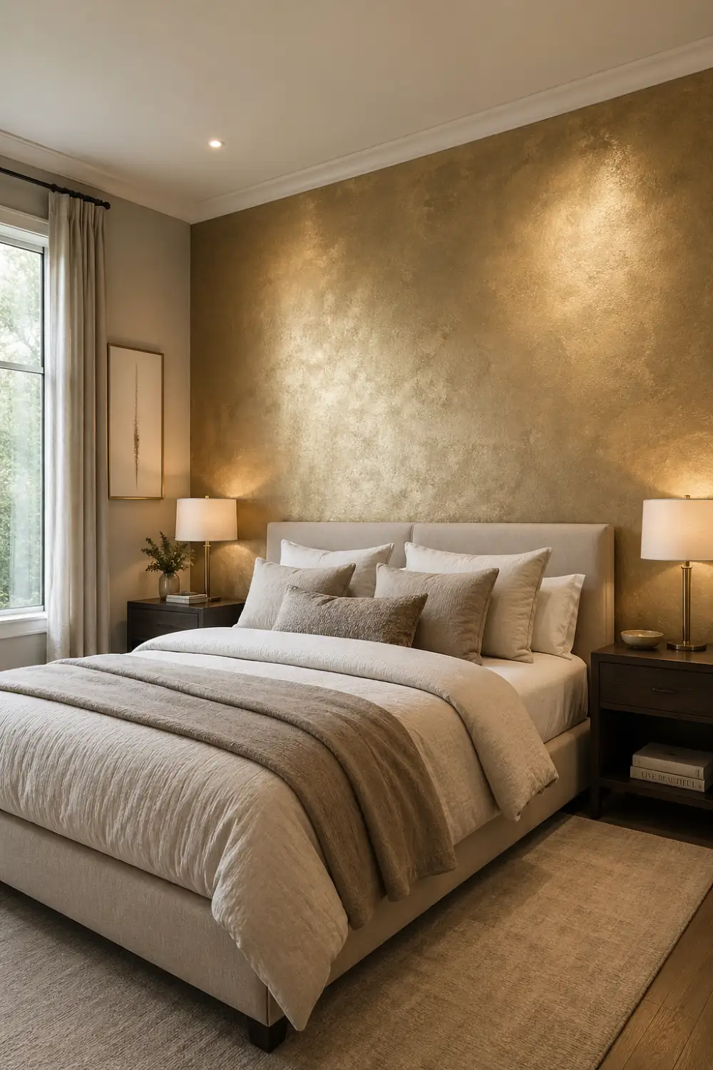 Luxury metallic accent wall bedroom with brushed gold finish, soft lighting, side window, neutral bedding, and elegant modern decor