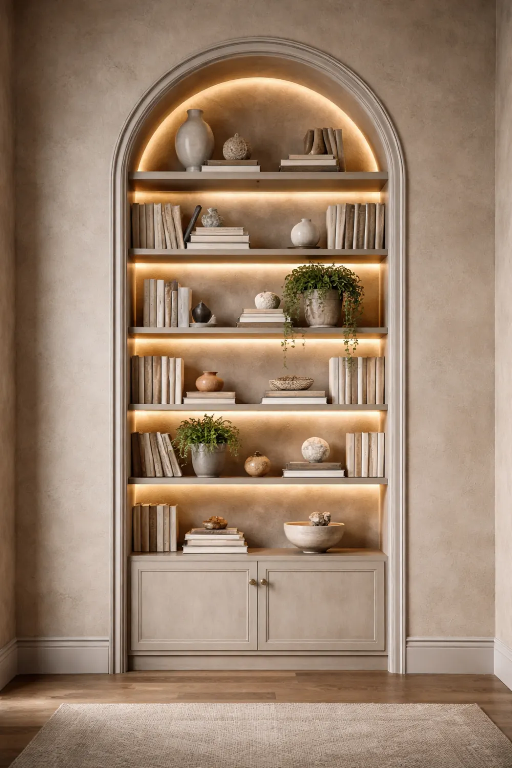 arched built in bookshelf with warm lighting and styled decor pieces