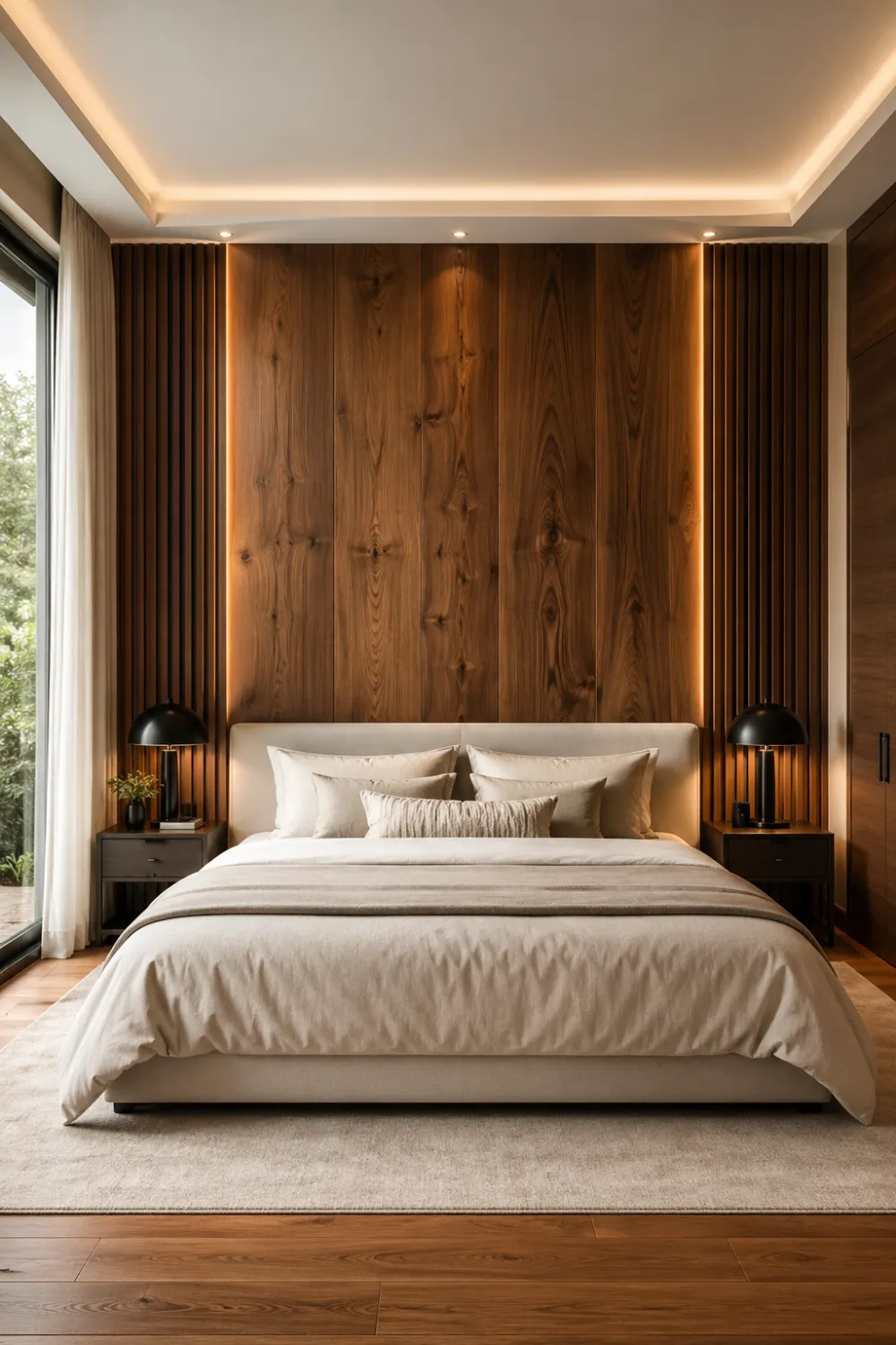 warm wood panel luxury bedroom, natural wood grain accent wall with soft LED lighting, neutral bedding, black bedside lamps, cozy rug, modern wooden interior, clean layout, warm tones, high end bedroom design, comfortable and elegant space