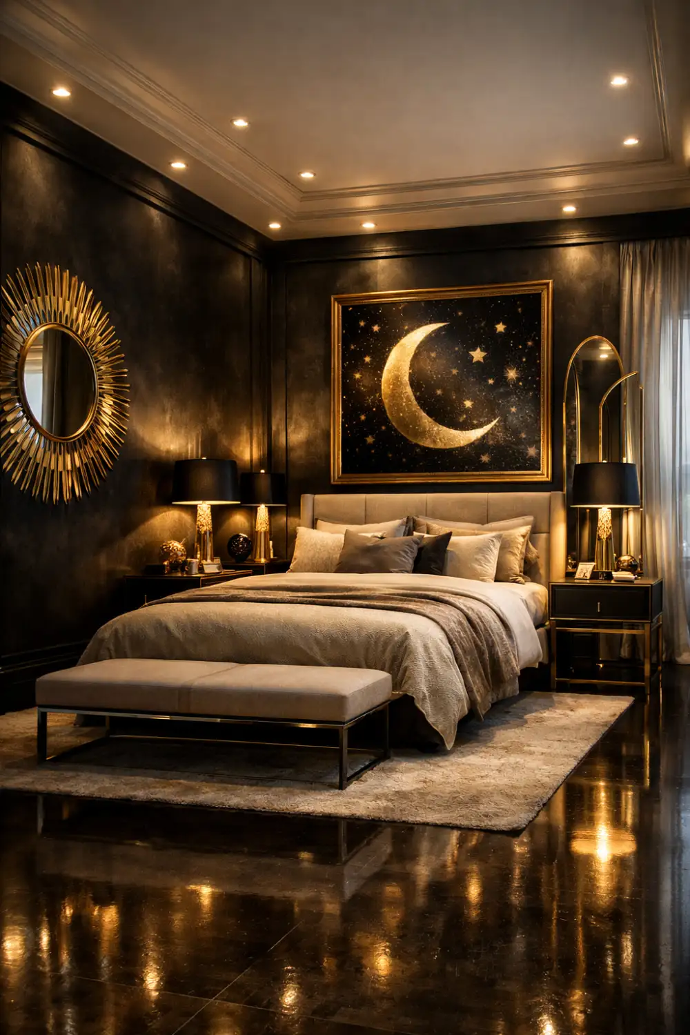 dark luxury bedroom gold accents moon art celestial elegant cozy decor