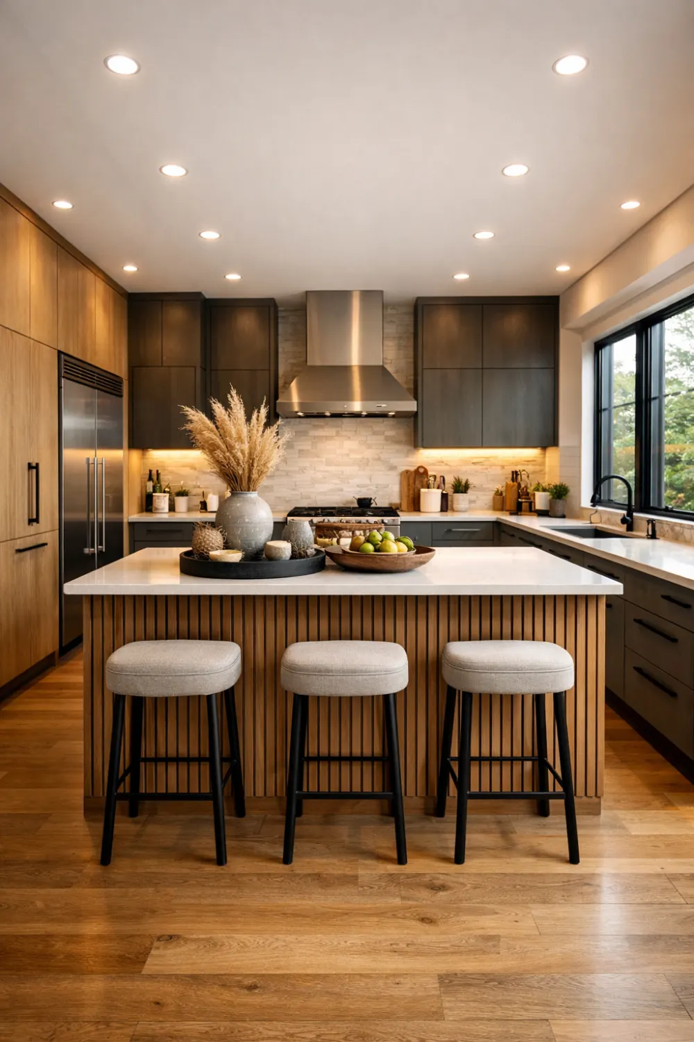 Wood slat kitchen island with modern cabinets, contrast tones, minimalist decor and warm lighting, stylish modern kitchen design