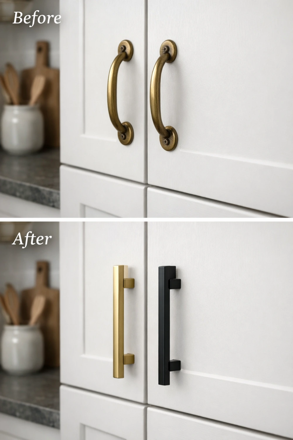 cabinet hardware before after gold black handles modern kitchen upgrade renter friendly decor small detail transformation