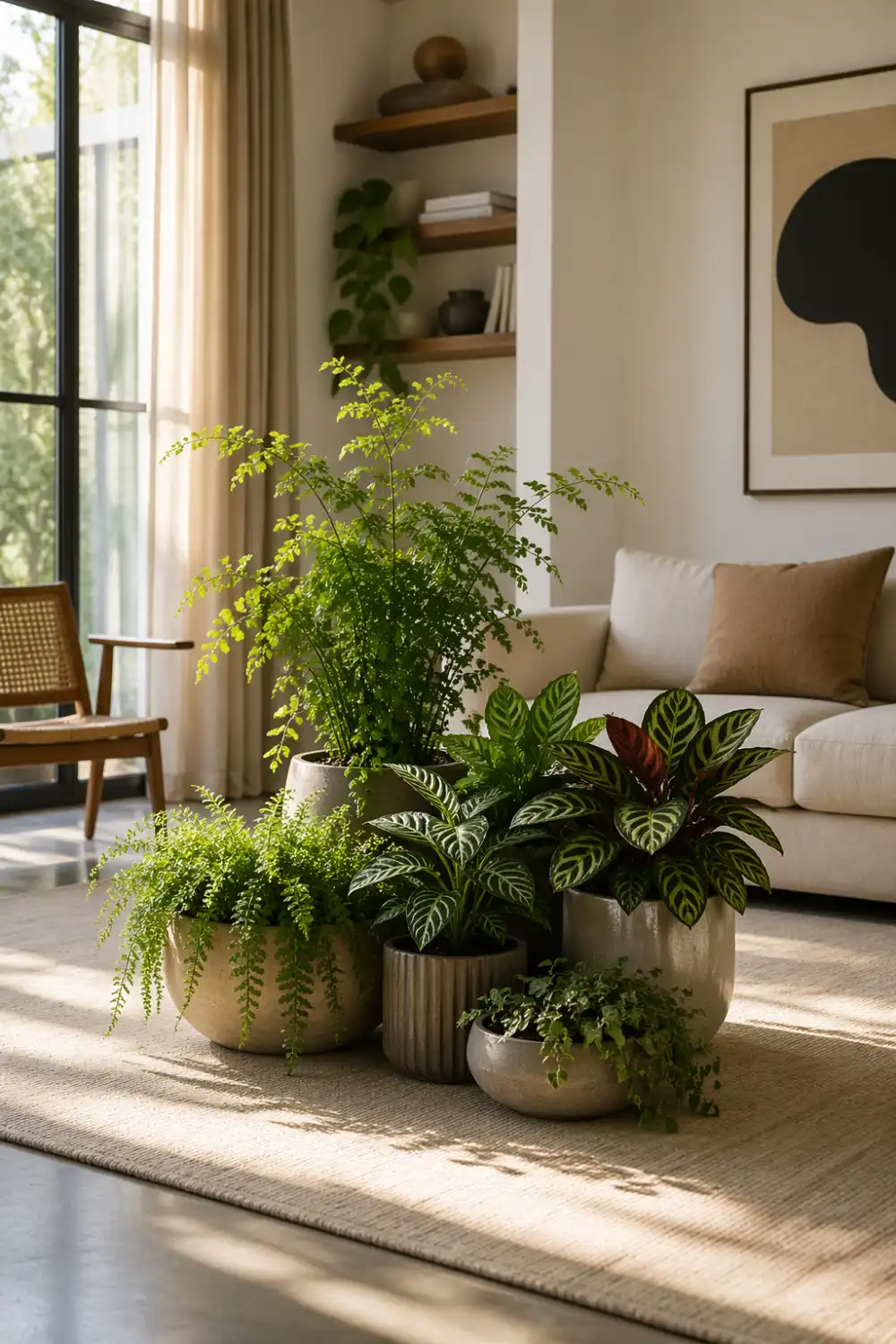 low indoor plant cluster coffee table alternative modern living room decor greenery styling