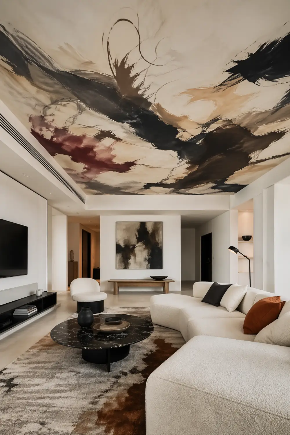 modern living room with abstract ceiling mural, neutral decor, artistic design, minimal furniture, contemporary interior, bold ceiling artwork idea