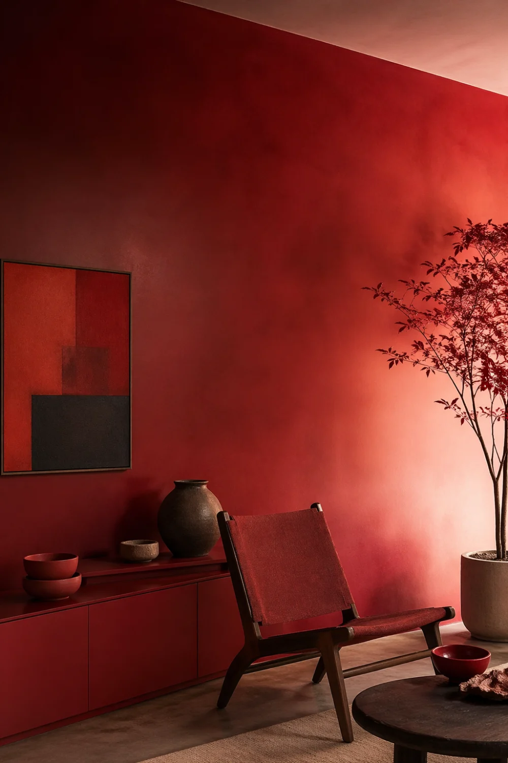 cherry red ombre wall gradient modern interior minimal furniture artistic decor soft lighting contemporary room design
