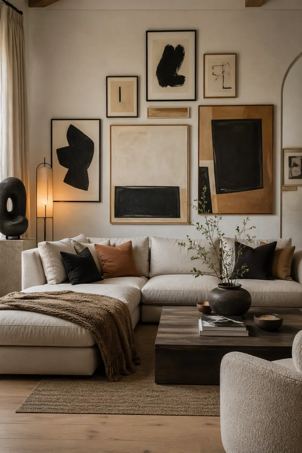French country living room with gallery wall, abstract art, neutral sofa, wood table and warm lighting