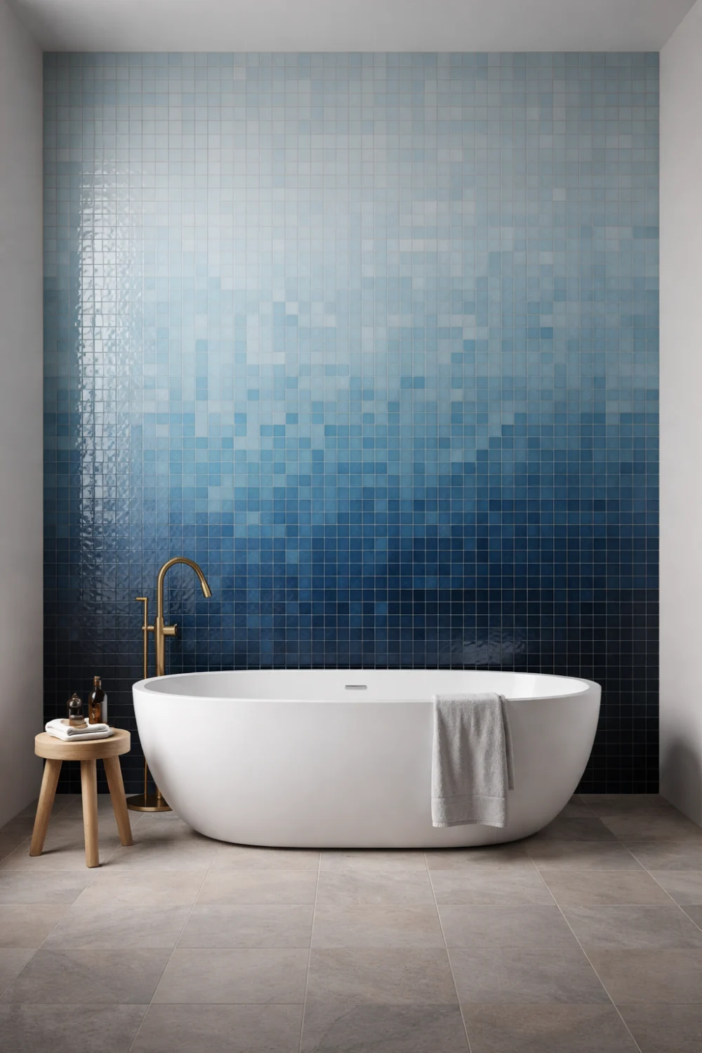 ombre blue zellige bathroom wall gradient tiles with freestanding bathtub modern design