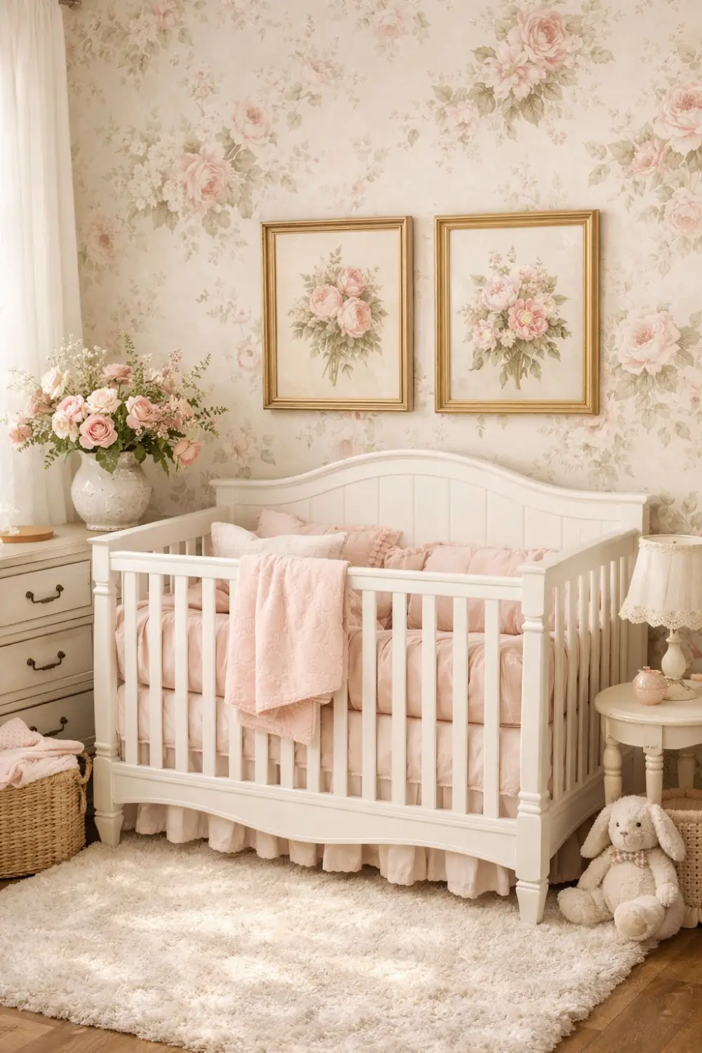 Floral nursery decor with soft pink wallpaper, white crib, floral wall art, plush rug, and pastel baby room accessories creating an elegant floral nursery.