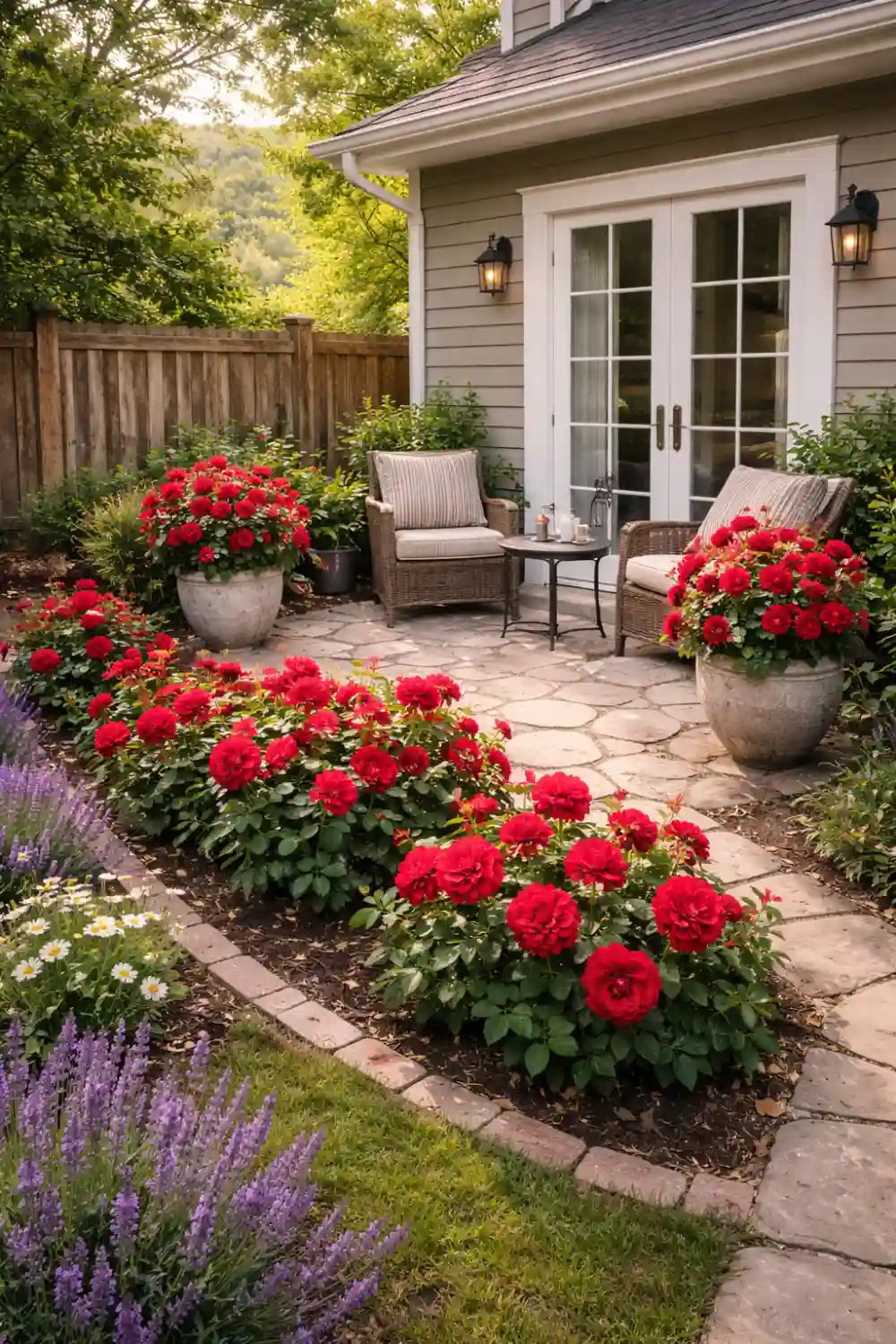 Small backyard patio garden with compact red rose bushes planted along curved borders and decorative rose pots near seating.
