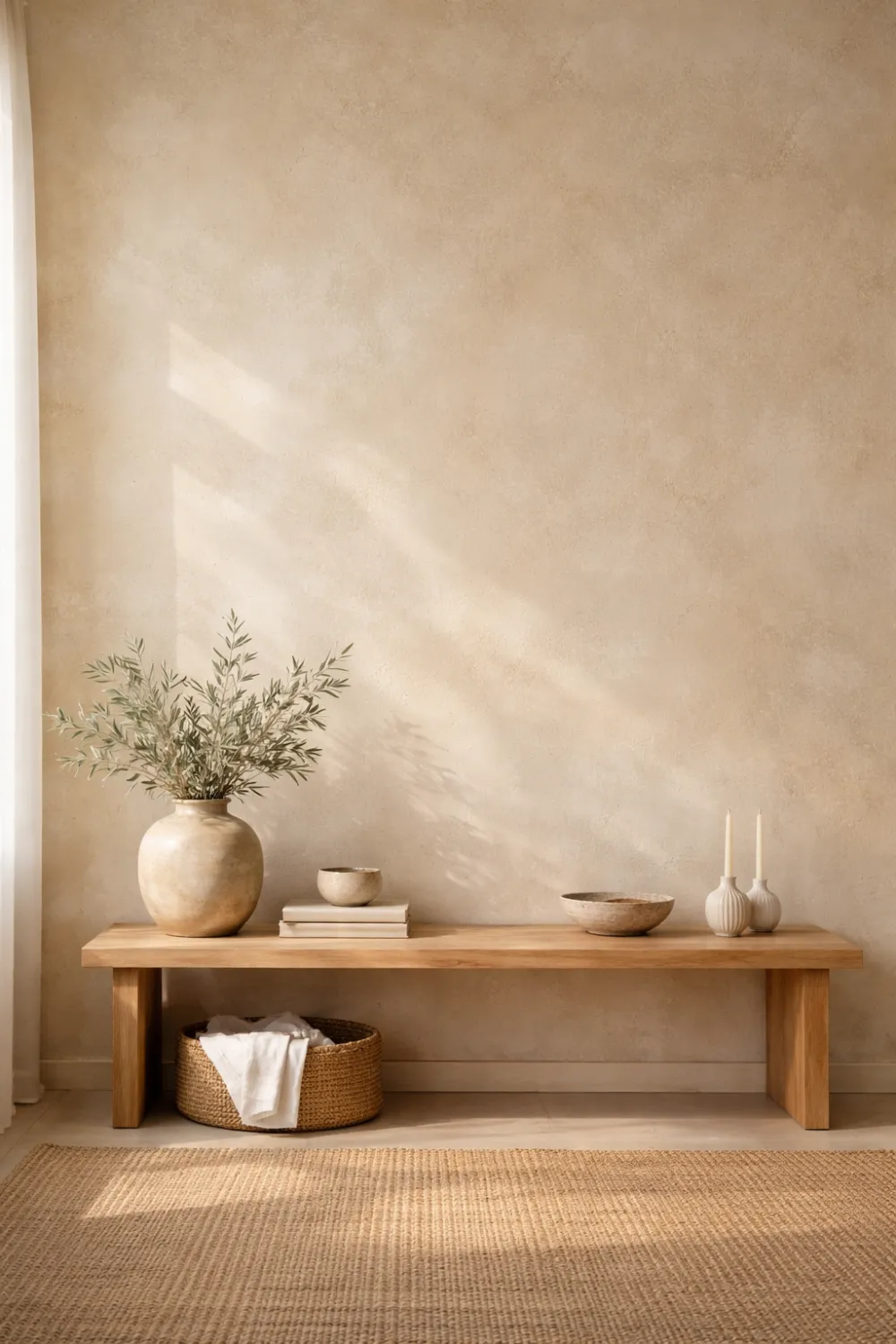 Minimalist interior featuring a soft limewash textured wall in warm neutral tones, subtle cloudy plaster finish with wooden console table and natural decor creating a calm Mediterranean inspired space.