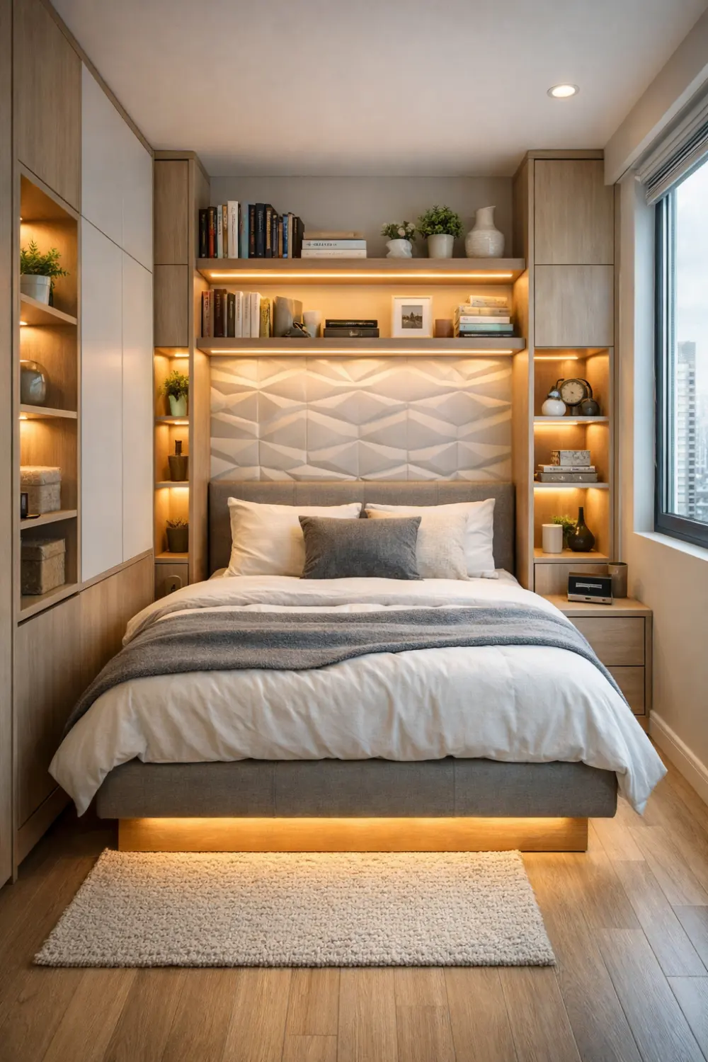 tiny bedroom with built in shelving and LED lighting modern luxury small bedroom design