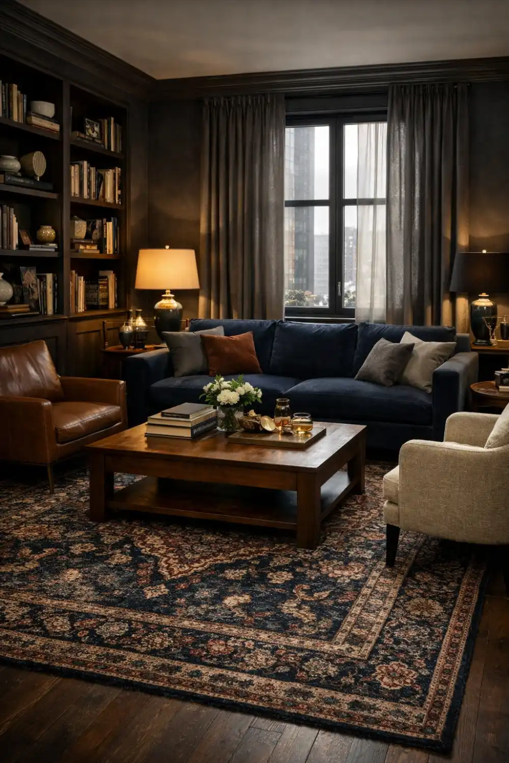 dark living room with persian rug navy sofa cozy luxury interior design warm lighting elegant moody home decor
