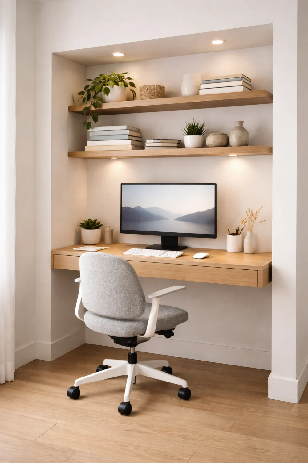 built in wall niche office nook with desk and shelves small space recessed workspace modern home office design