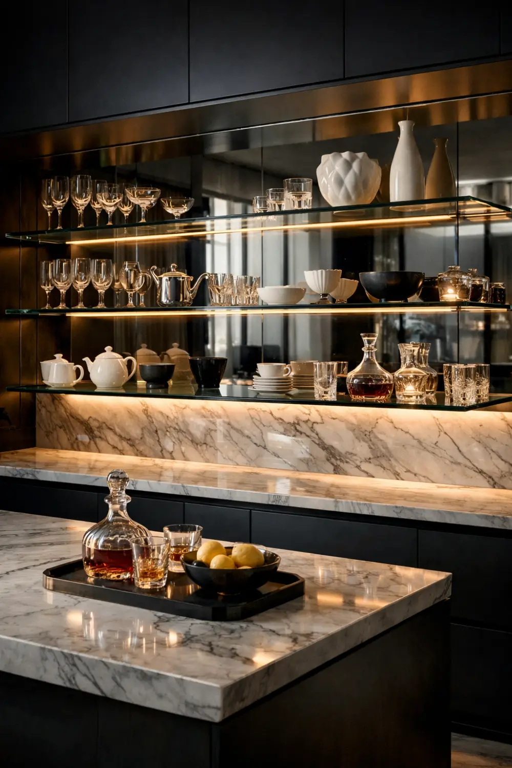 Luxury modern kitchen with glass floating shelves and mirrored backsplash reflecting glassware dishes and decor with warm LED lighting creating a sleek elegant display.