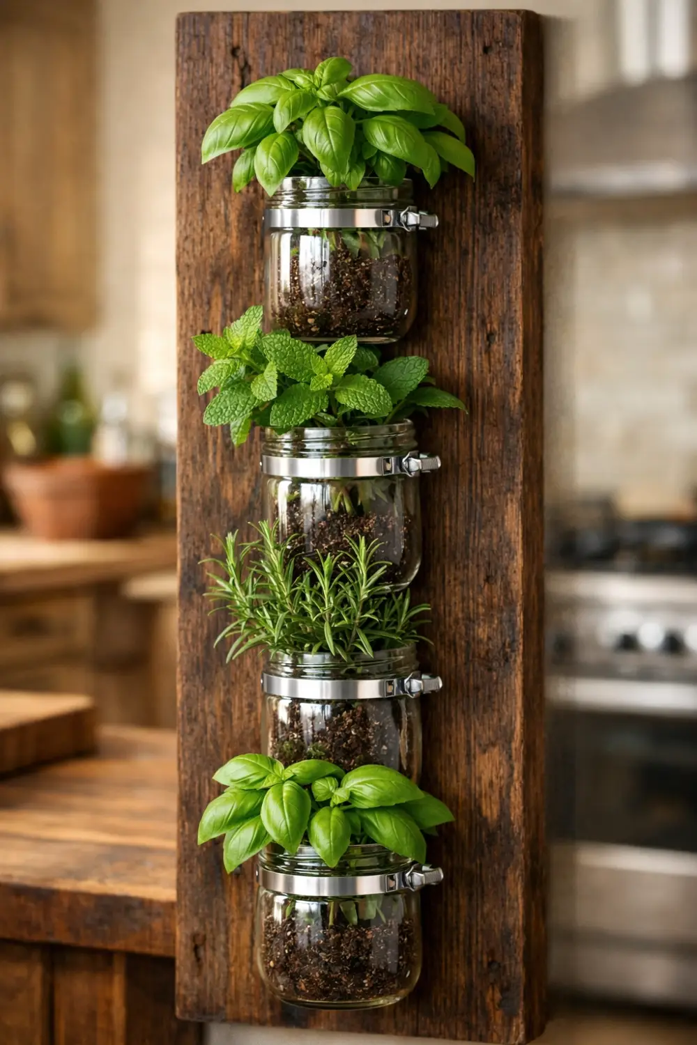 Wall mounted mason jar herb garden with basil mint and rosemary growing in glass jars on rustic wooden board, space saving kitchen herb garden idea