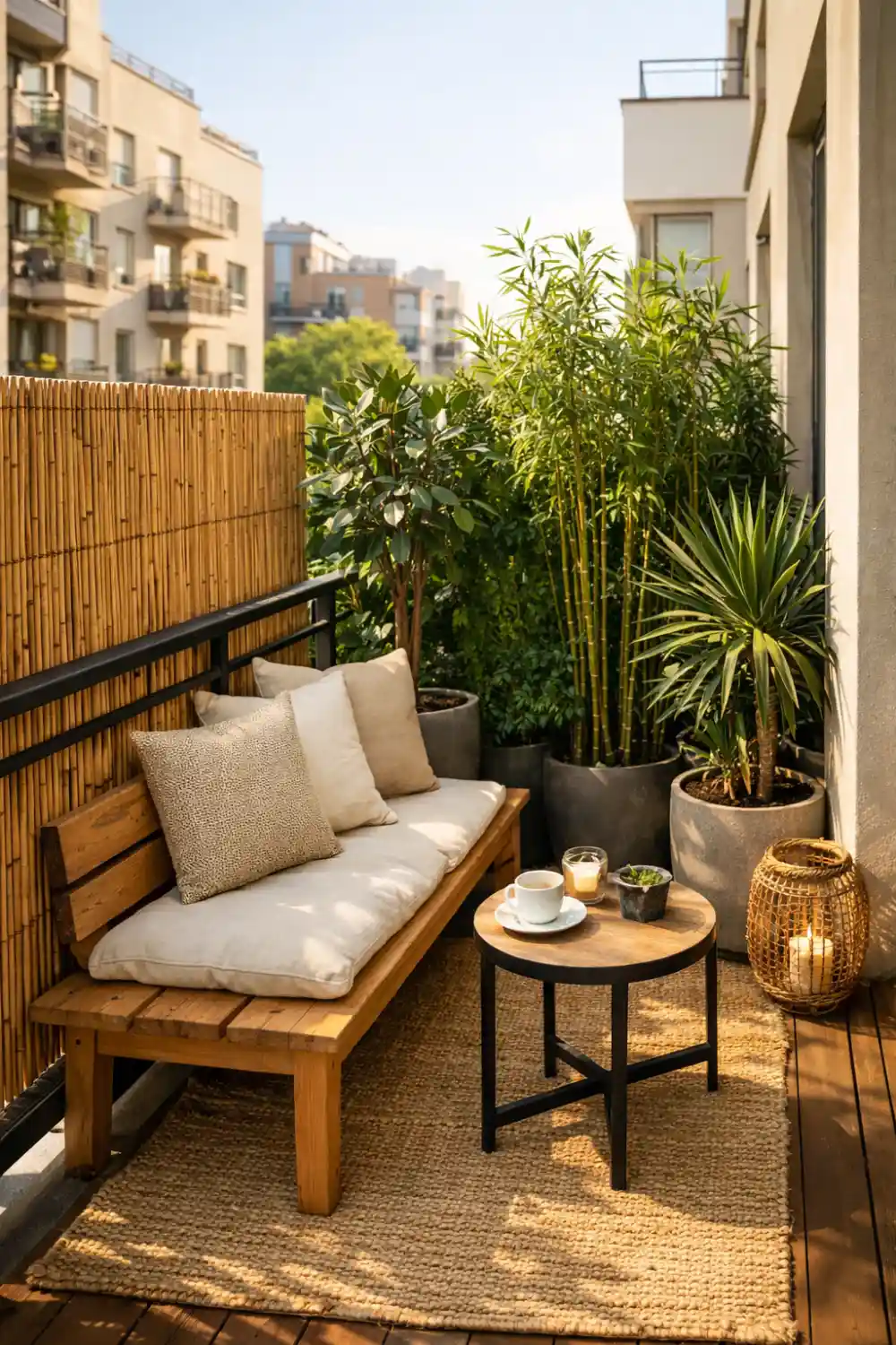 nature inspired balcony decor with bamboo privacy screen small balcony garden seating peaceful balcony design