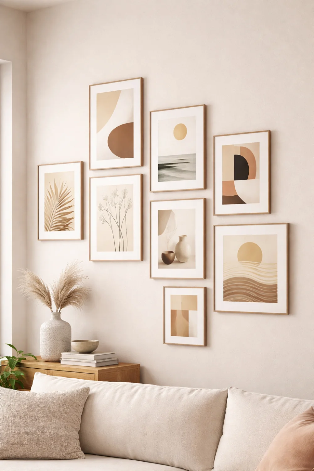 Asymmetrical gallery wall above sofa with neutral abstract prints in light wood frames creating a relaxed modern wall art display