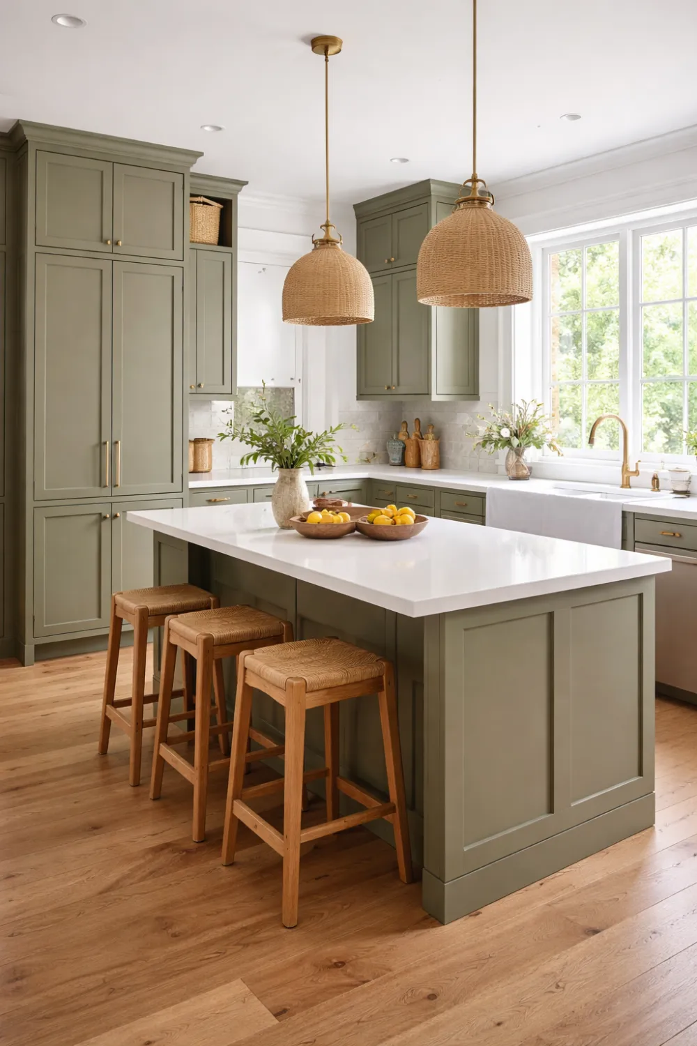 Soft sage green modern cottage kitchen with marble island, wooden stools, and bright natural lighting.