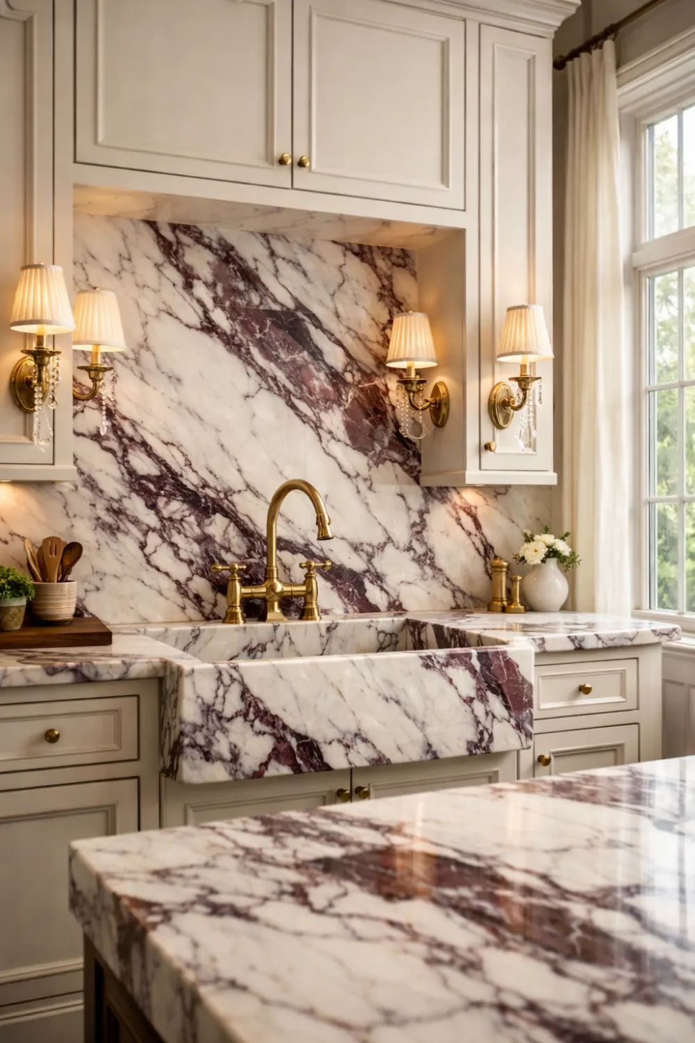 Viola marble sink area kitchen with farmhouse sink, brass faucet, cream cabinets, and elegant lighting details