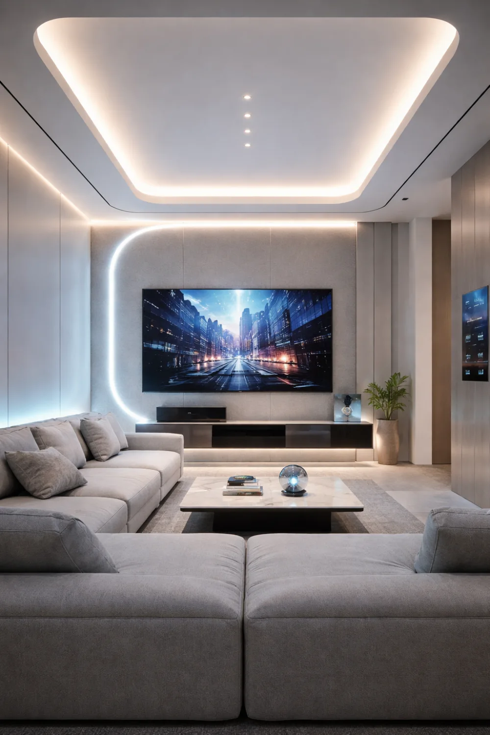 Modern smart living room with wall mounted TV, LED lighting, minimalist sofa, and sleek media console creating a futuristic luxury living room design.