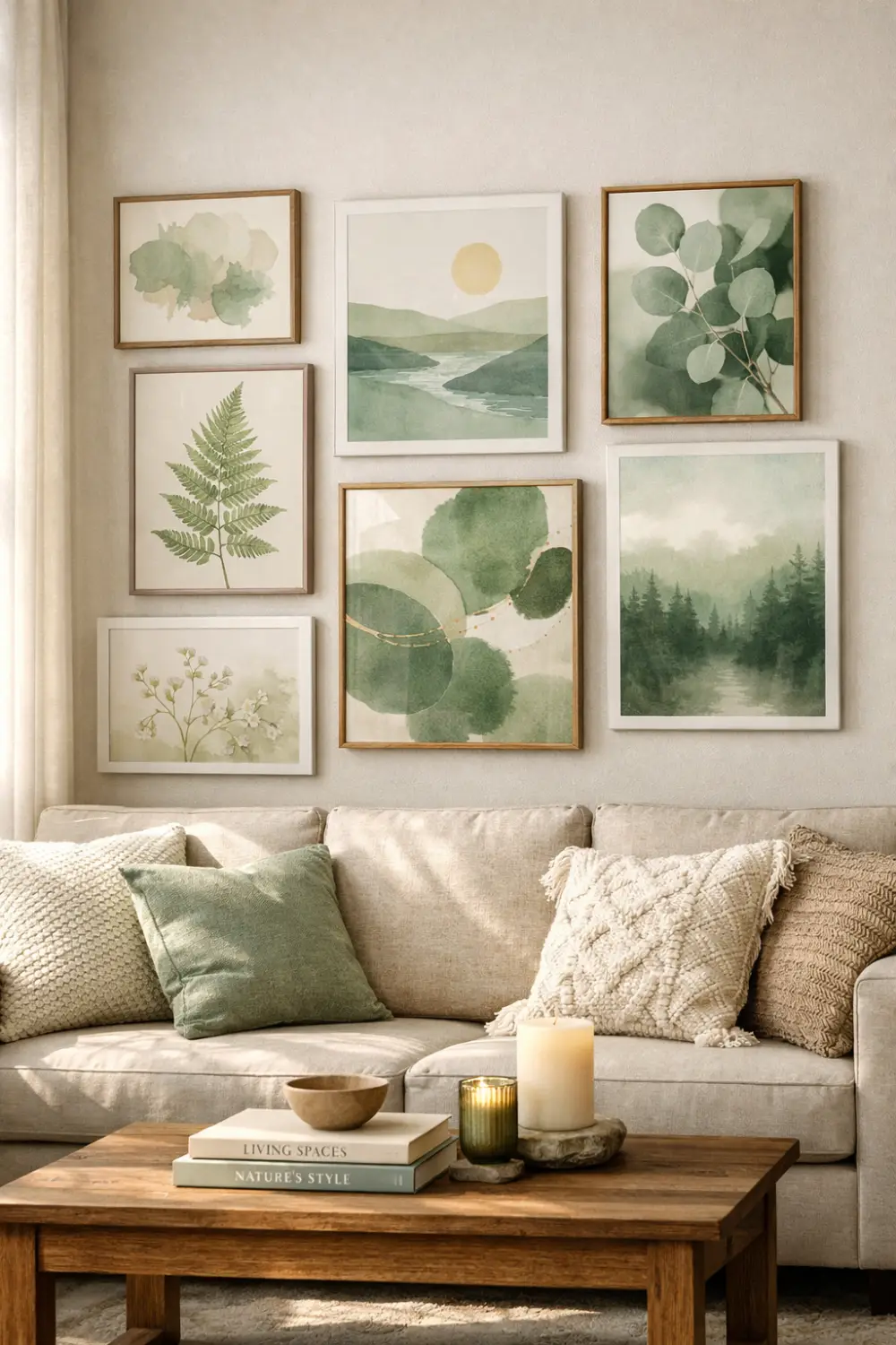 sage green wall art decor botanical gallery wall living room neutral sofa modern nature inspired home interior