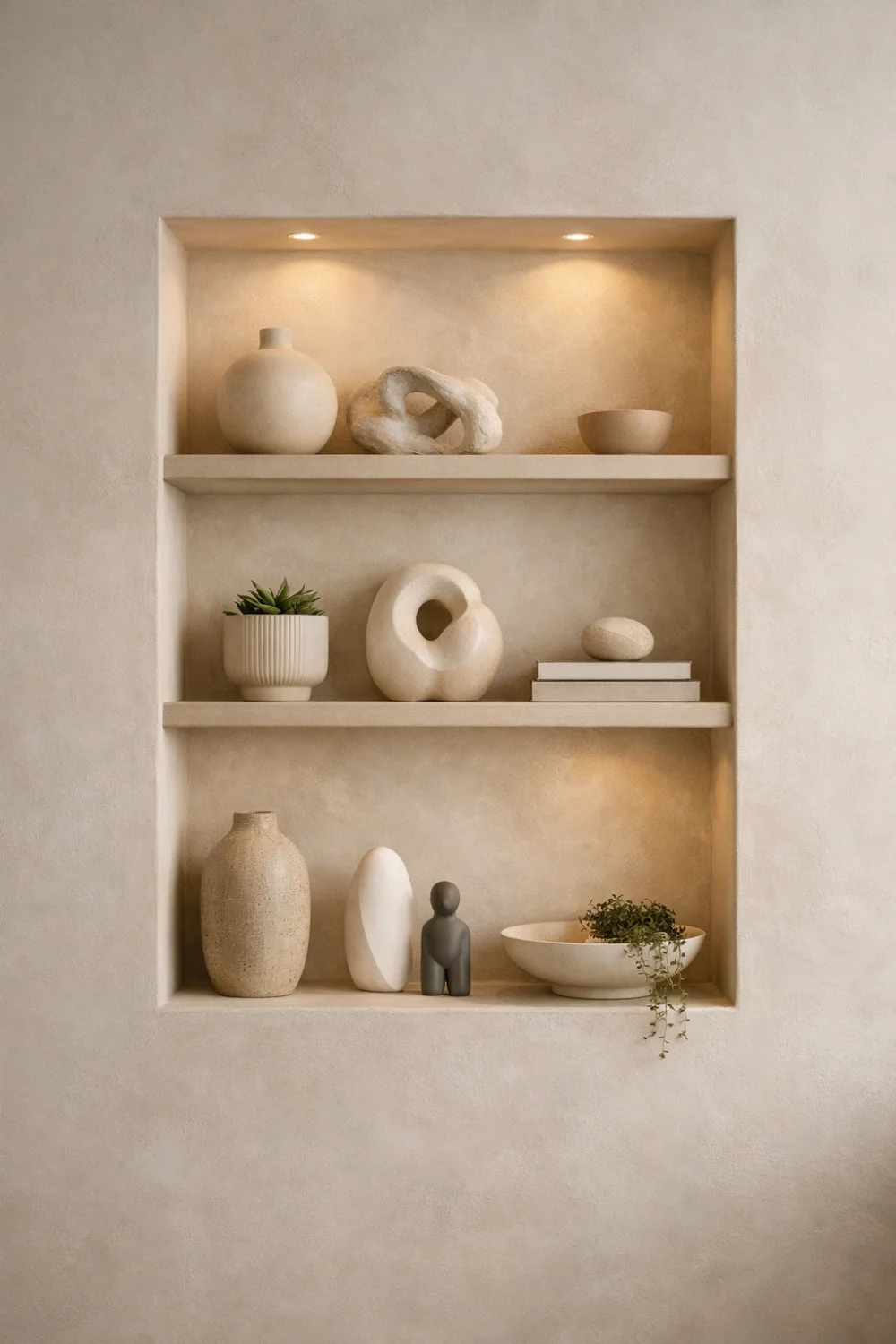 Modern wall niche limewash texture with decorative vases, sculptural decor, plants, and minimalist shelf styling inspiration