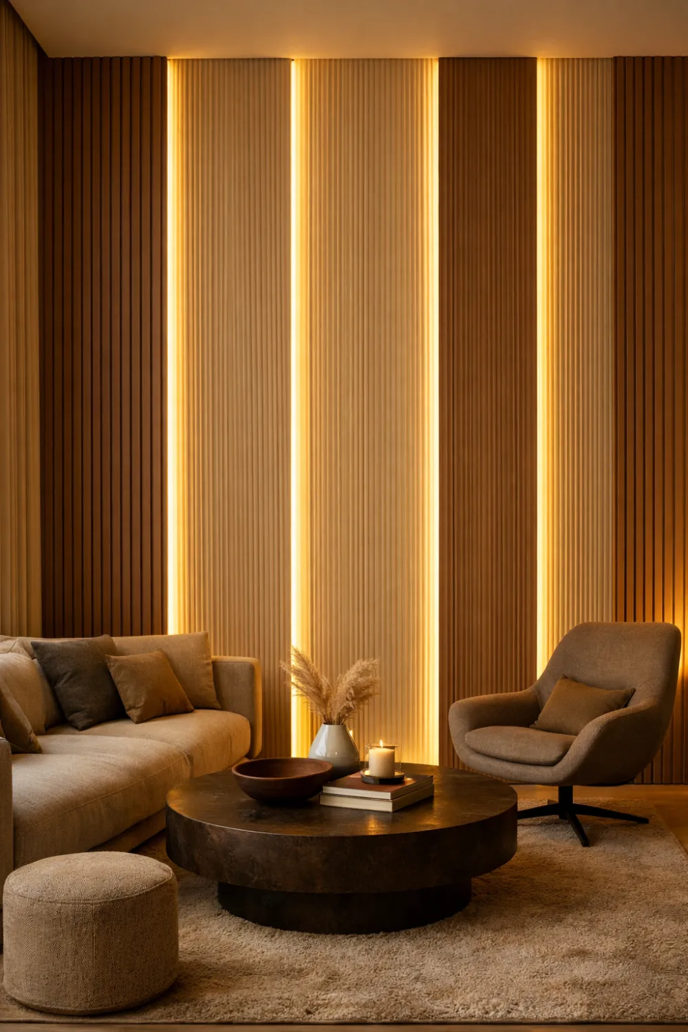 fluted wood wall with vertical LED lighting in cozy modern living room