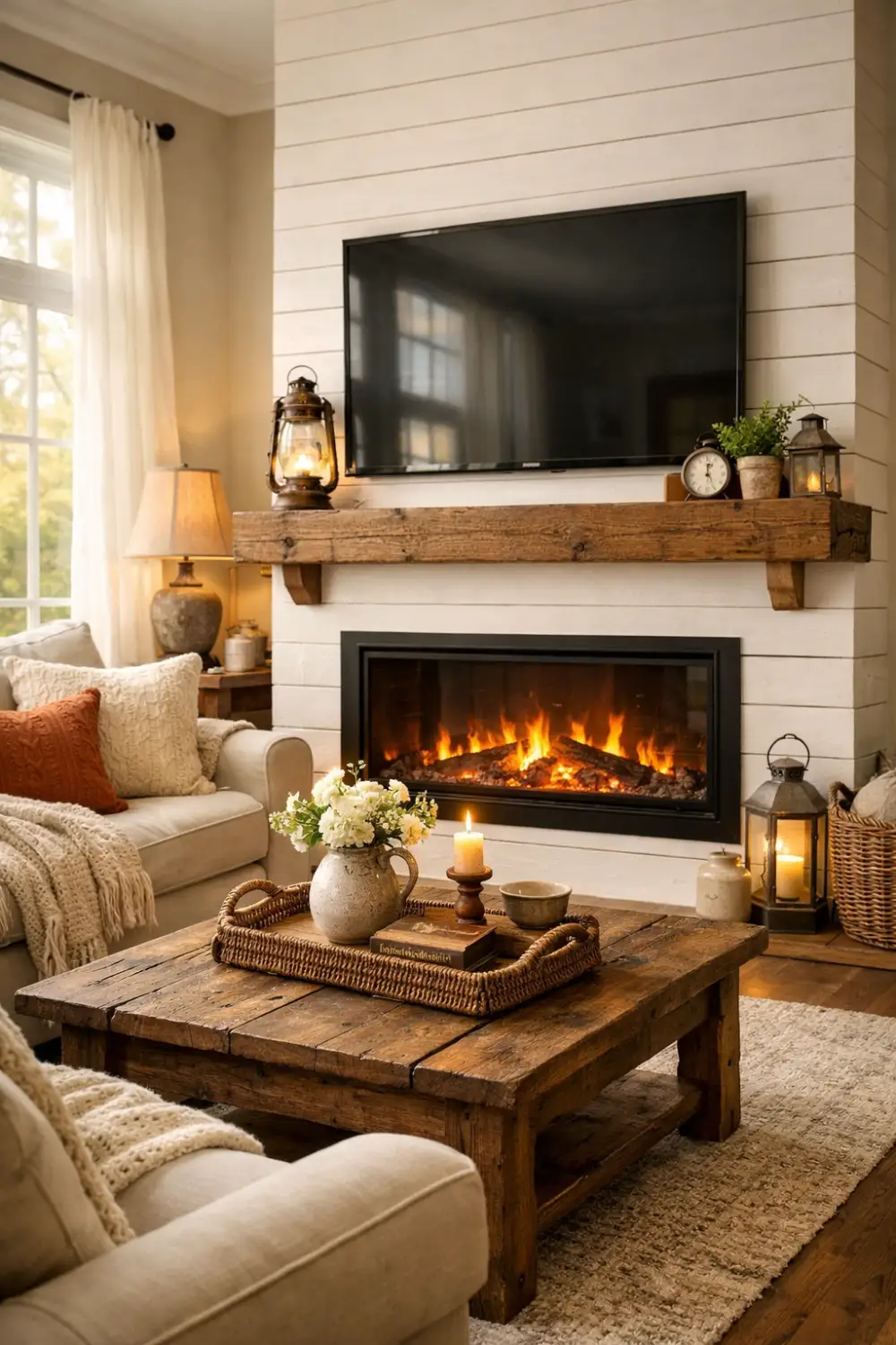 Farmhouse shiplap fireplace wall with electric fireplace and TV above rustic mantel and cozy decor.