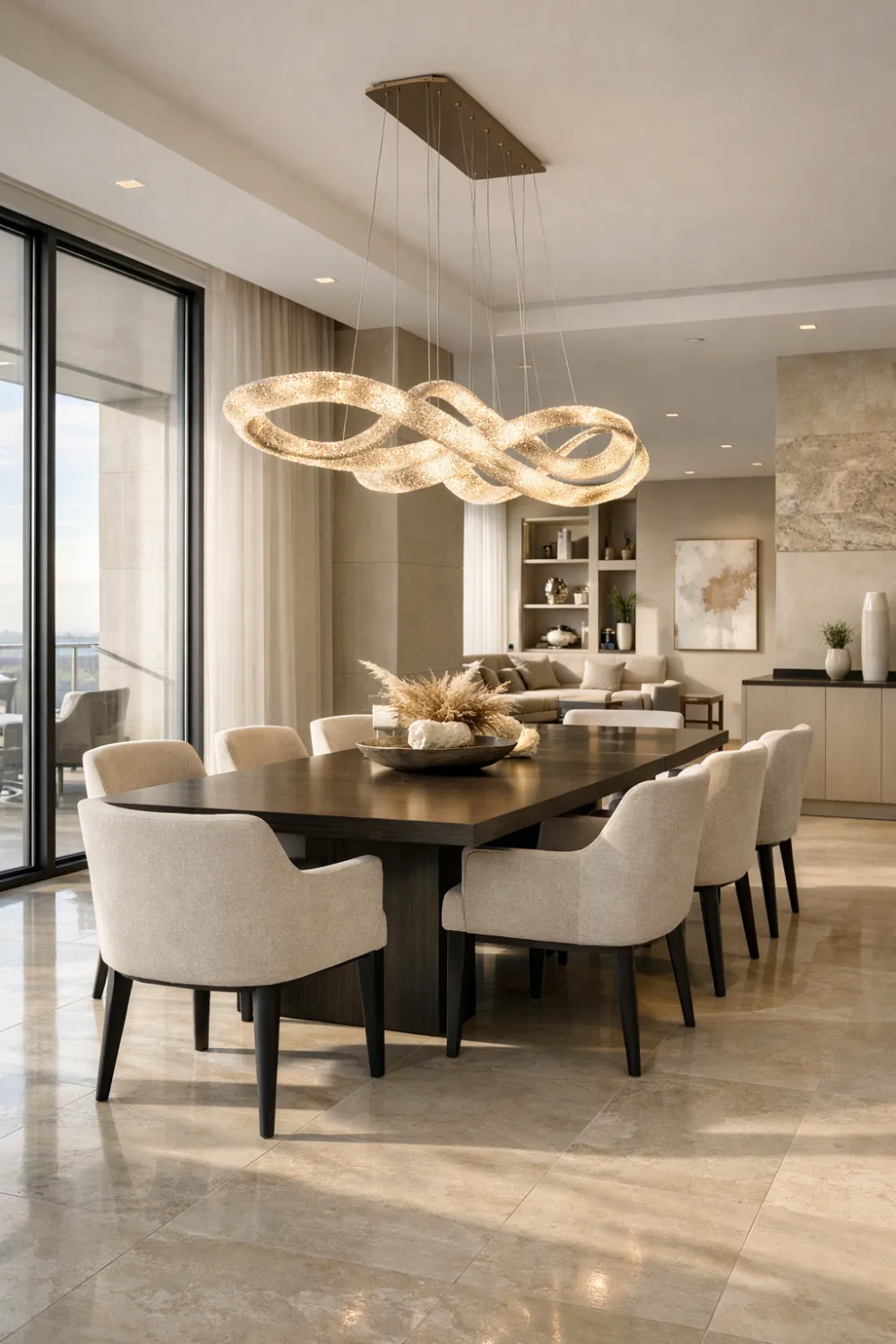 modern open concept maximalist dining room with large wooden table sculptural chandelier neutral decor and floor to ceiling windows