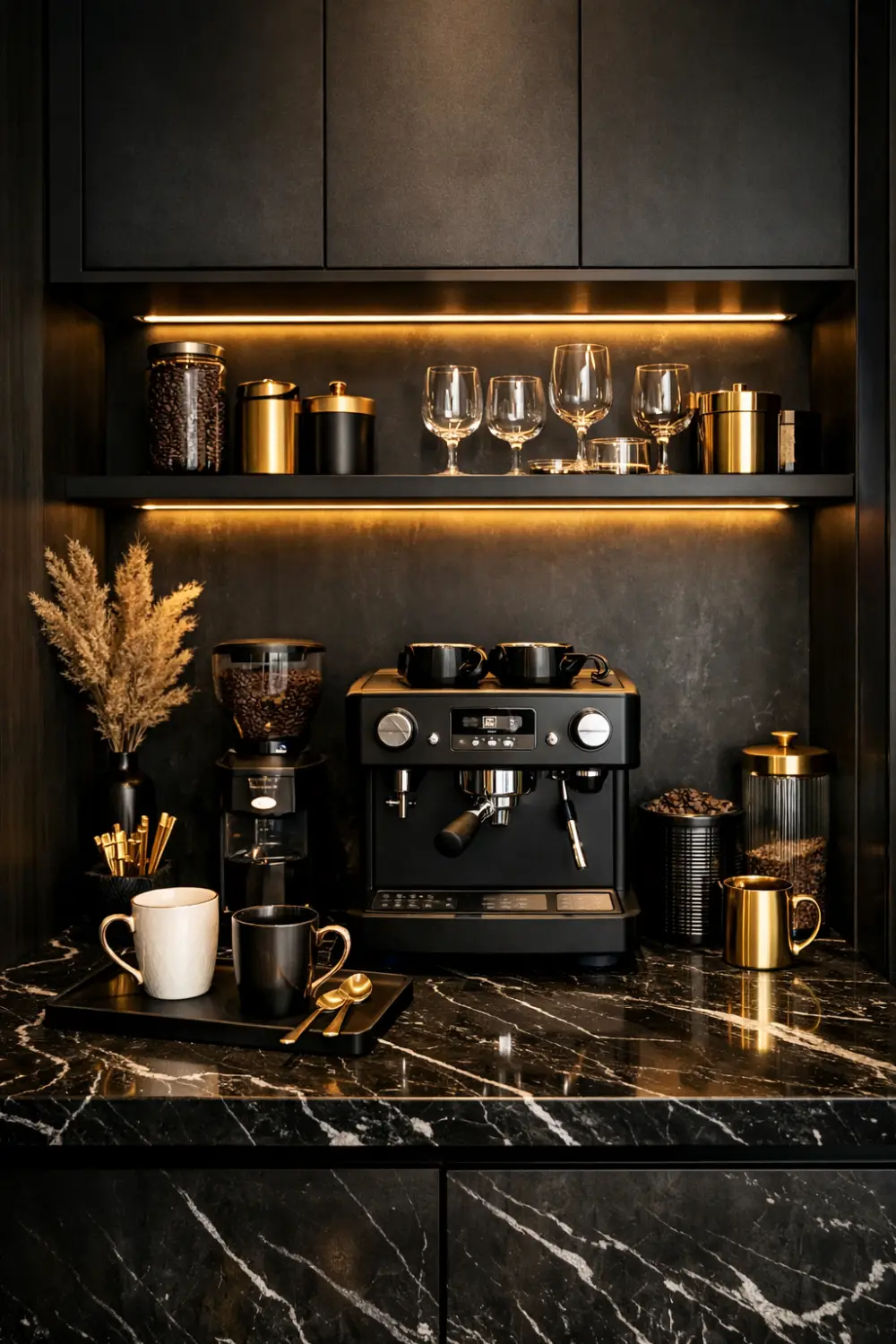 modern black coffee bar with marble countertop gold accents espresso machine luxury kitchen coffee station